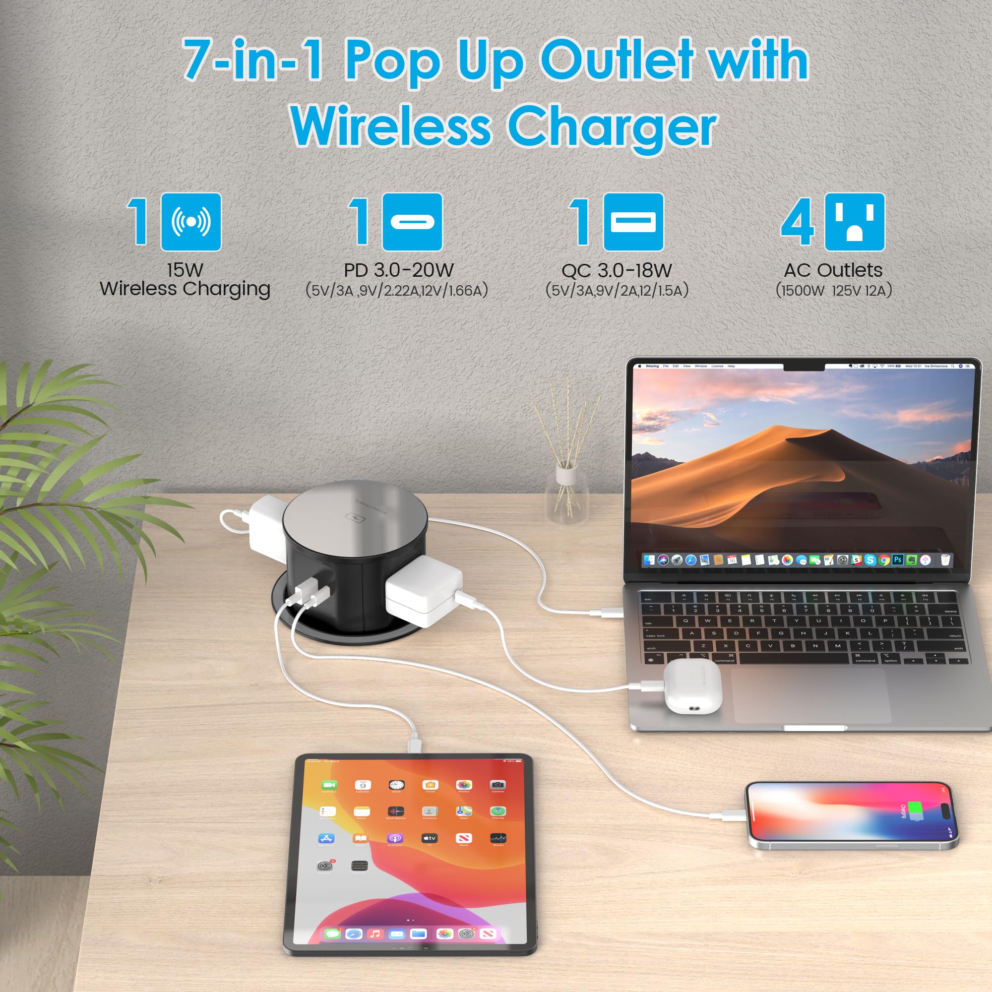 15W Wireless Charger Pop Up Outlet with 4 AC Outlets & 20W PD USB Fast Charging - 4.75