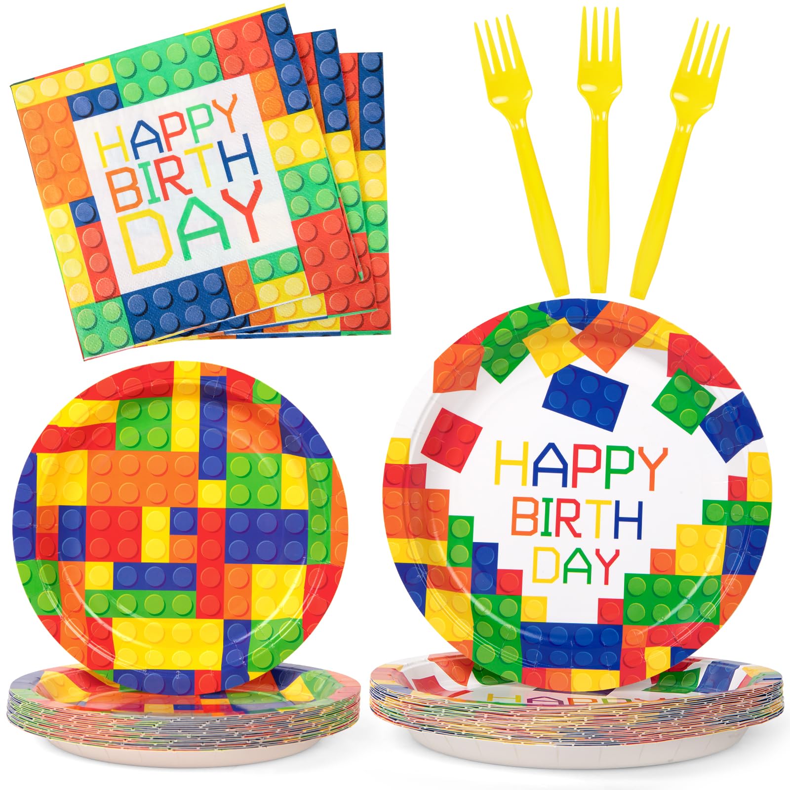DECORLIFE 96-Piece Party Supplies Set - 24 Plates, 24 Napkins, 24 Forks & 24 Cups | Colorful Building Blocks Theme Birthday Party Decorations | Perfect for Kids Birthday, Baby Shower & Family Celebrations