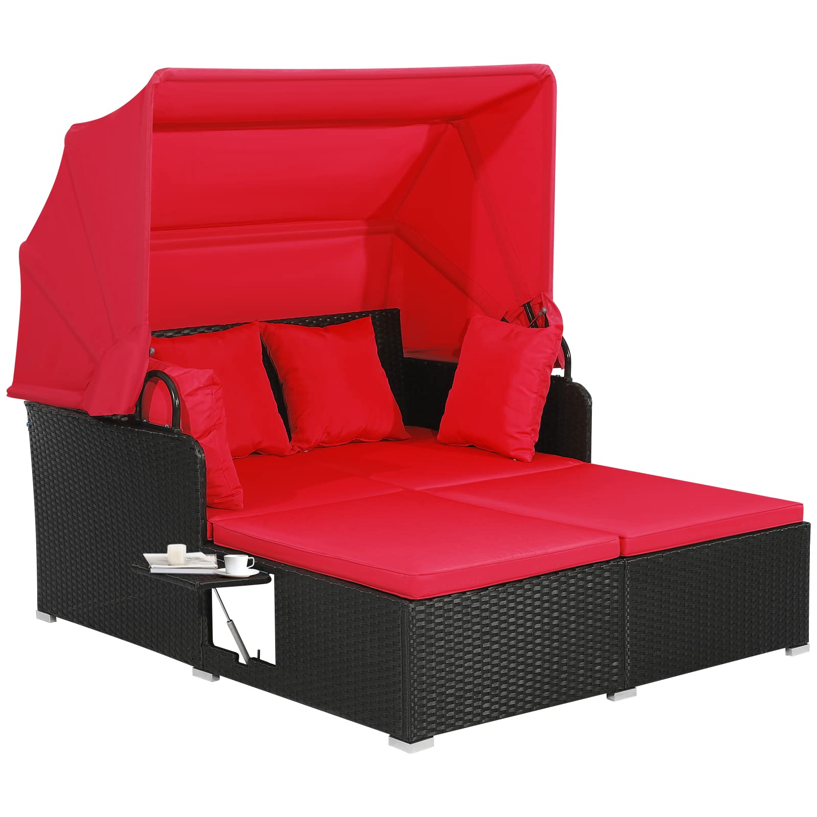 Tangkula Patio Rattan Daybed with Retractable Canopy - Outdoor Wicker Lounger with 2 Foldable Side Panels & Thick Cushions - Double Conversation Bed for Garden, Backyard, Porch (Red) - Perfect for Sunbathing, Relaxing, and Outdoor Entertaining