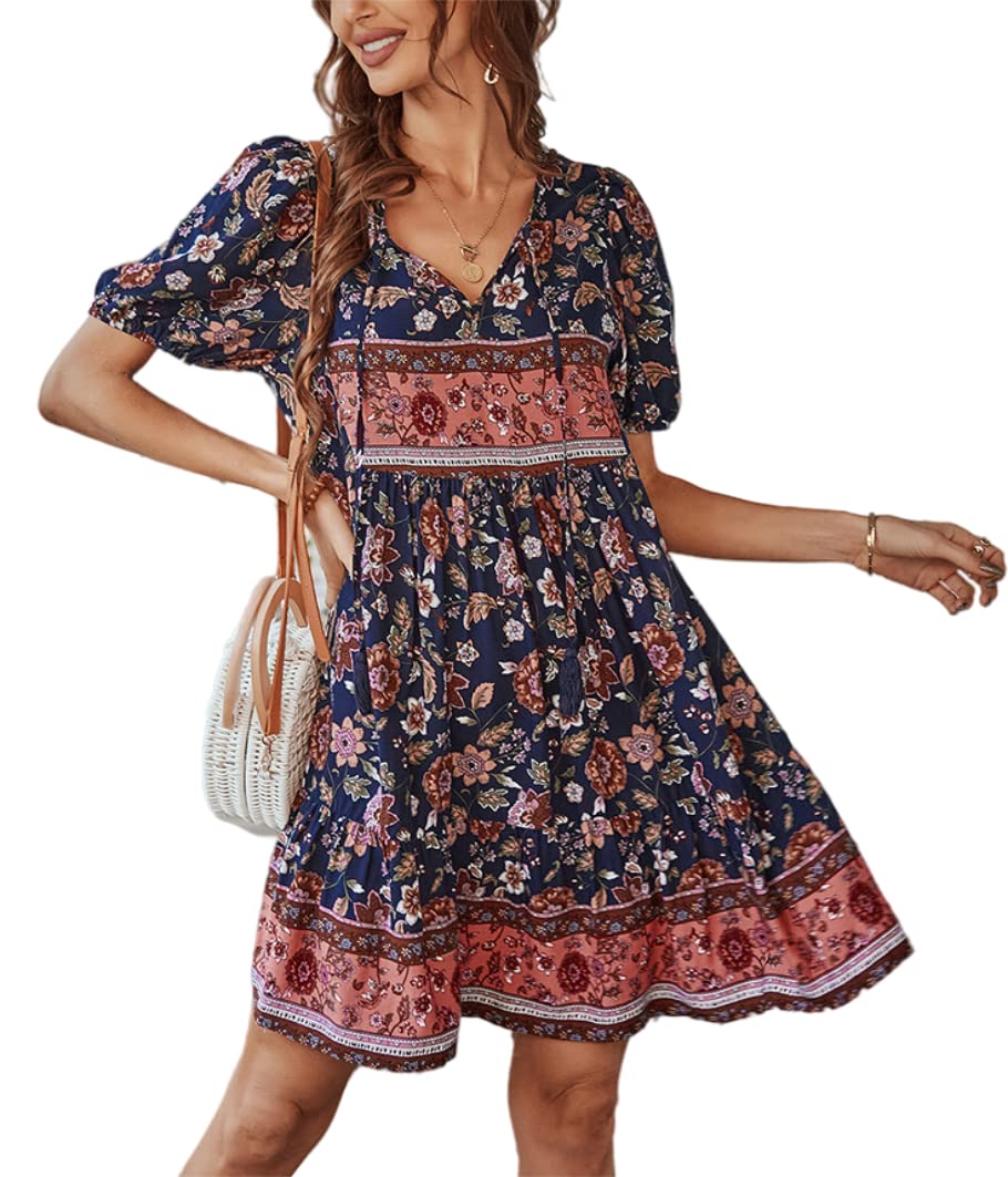 Boho Floral Mini Dress for Women - Short Sleeve V-Neck Summer Casual Dress - Perfect for Beach Vacations, Music Festivals & Date Nights