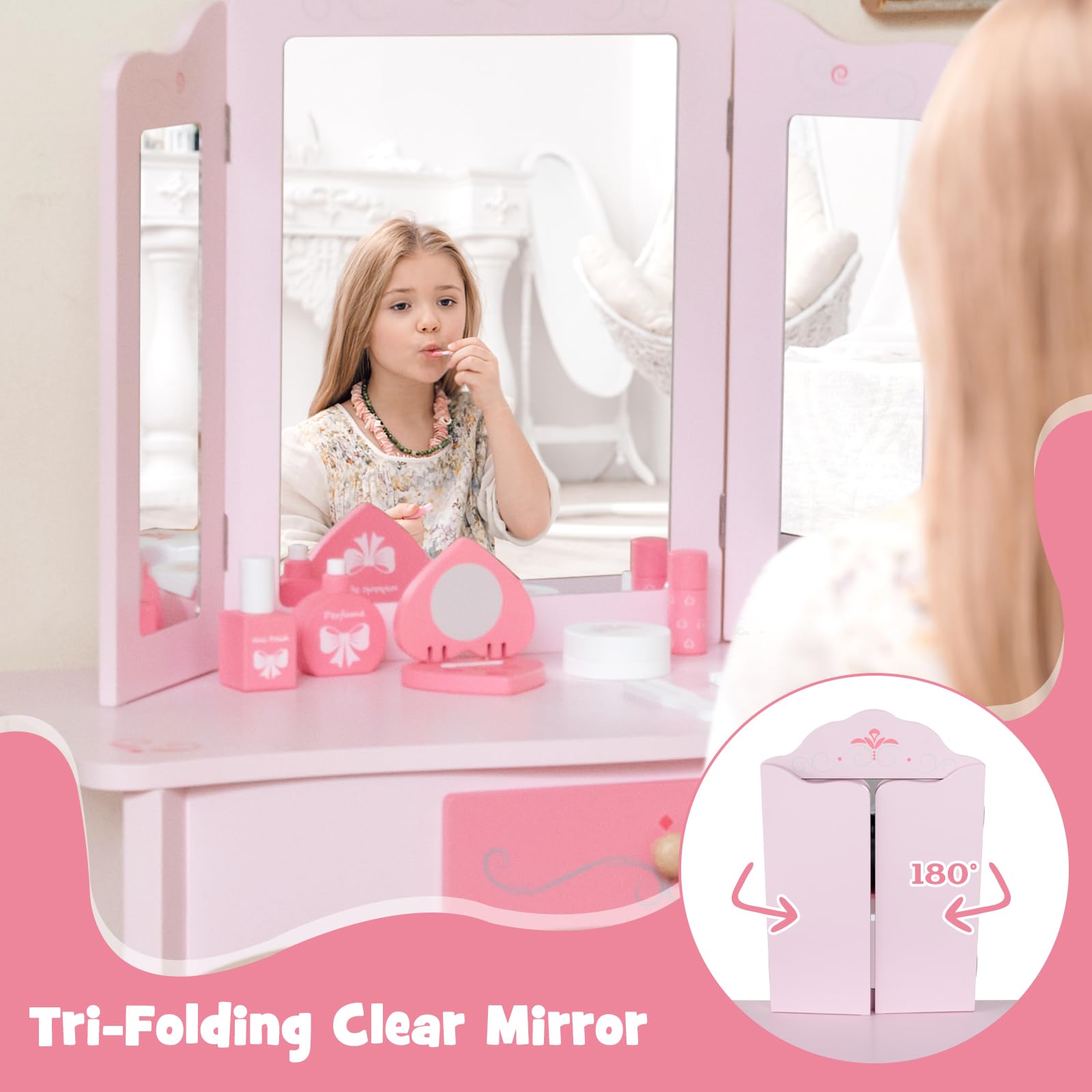INFANS Kids Vanity Set - 2-in-1 Princess Makeup Table & Chair with Tri-Fold Mirror, 10 Accessories, Wooden Dressing Table for Girls - Perfect for Birthday Gifts, Pretend Play & Room Decor (Pink)