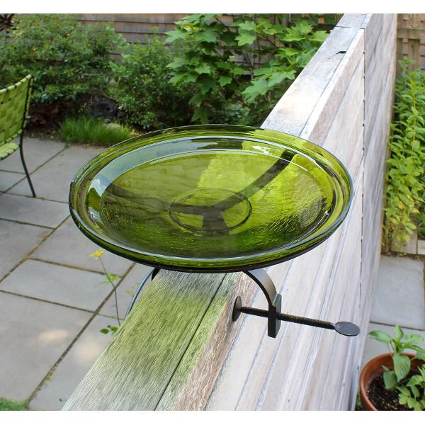 Fern Green Crackle Glass Birdbath Bowl for Garden Decor - Handmade Outdoor Bird Feeder with Crackled Texture, Perfect for Attracting Birds to Your Backyard or Patio