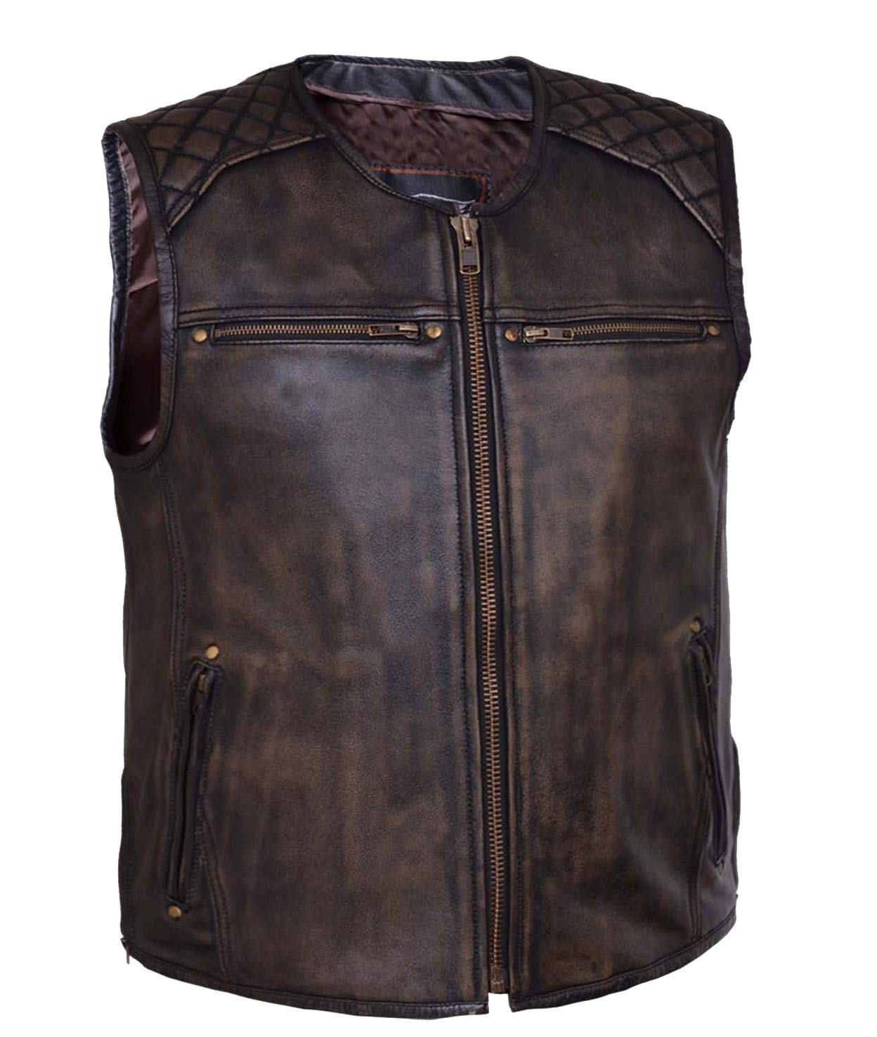 Men's Retro Brown Collarless Motorcycle Leather Vest with Kidney Padding Back Protector - Vintage Biker Jacket for Harley Riding & Motorcycle Events