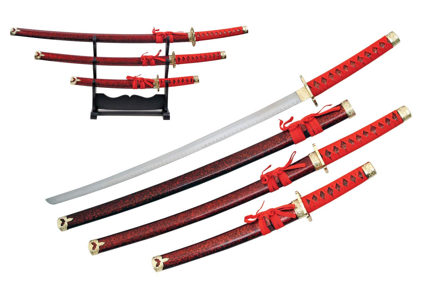 Authentic Red Samurai Sword Set - Handmade Japanese Katana with Display Stand - Perfect for Cosplay, Martial Arts Training & Home Decor