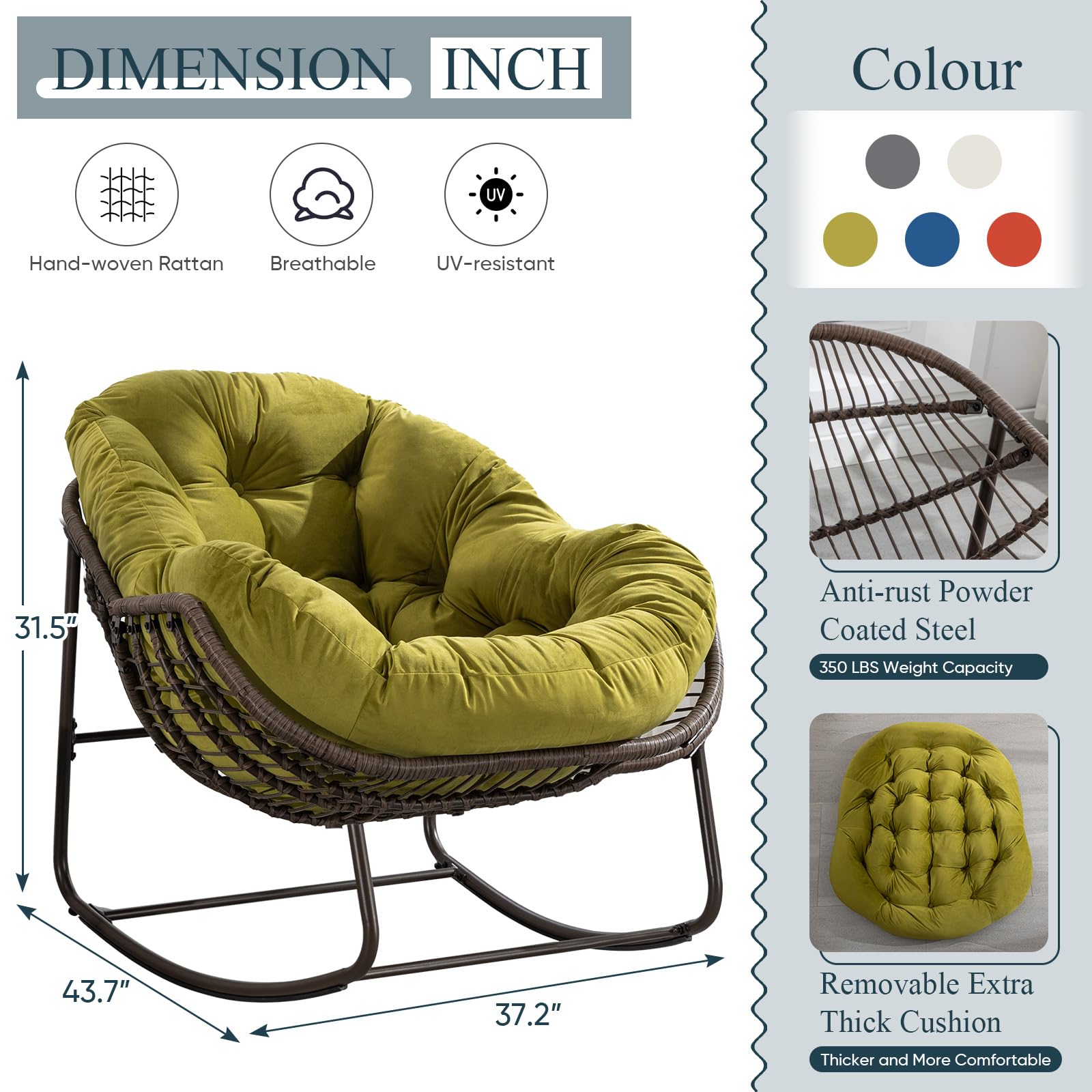 Outdoor Rocking Chair - Oversized Rattan Egg Rocking Chair with Padded Cushion, Modern Patio Lounge Chair for Front Porch, Garden, Backyard, Balcony & Deck - Olive Green - Perfect for Relaxing, Reading & Enjoying Outdoor Spaces