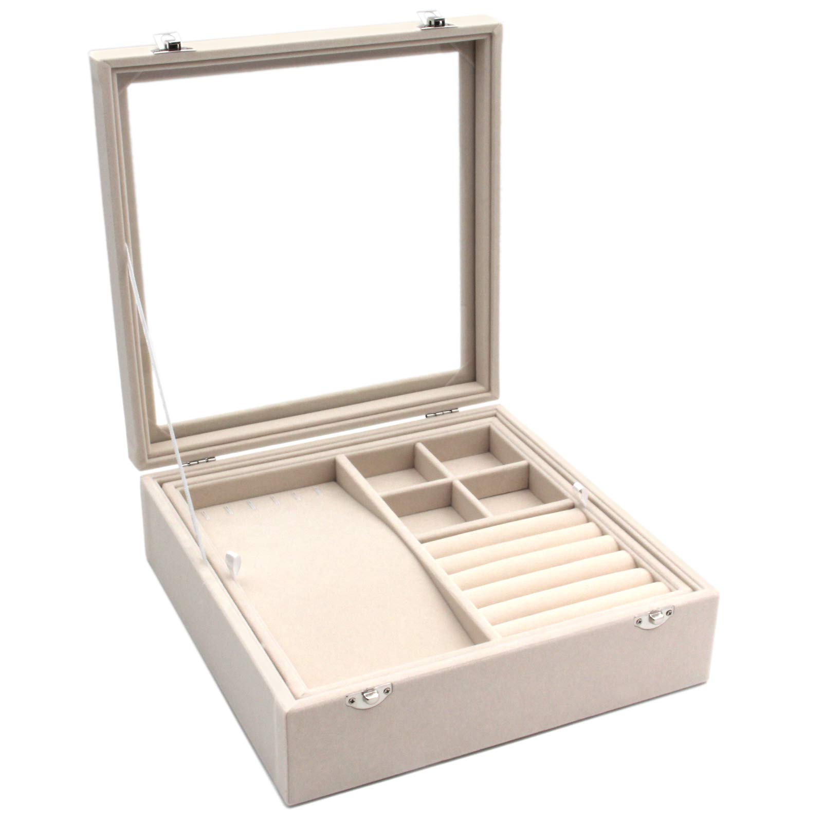 KLOUD City Jewelry Box with Glass Lid - 2-Layer Jewelry Organizer & Display Case for Necklaces, Rings, Earrings - Beige Storage Box for Vanity, Dresser, Travel & Gift Giving