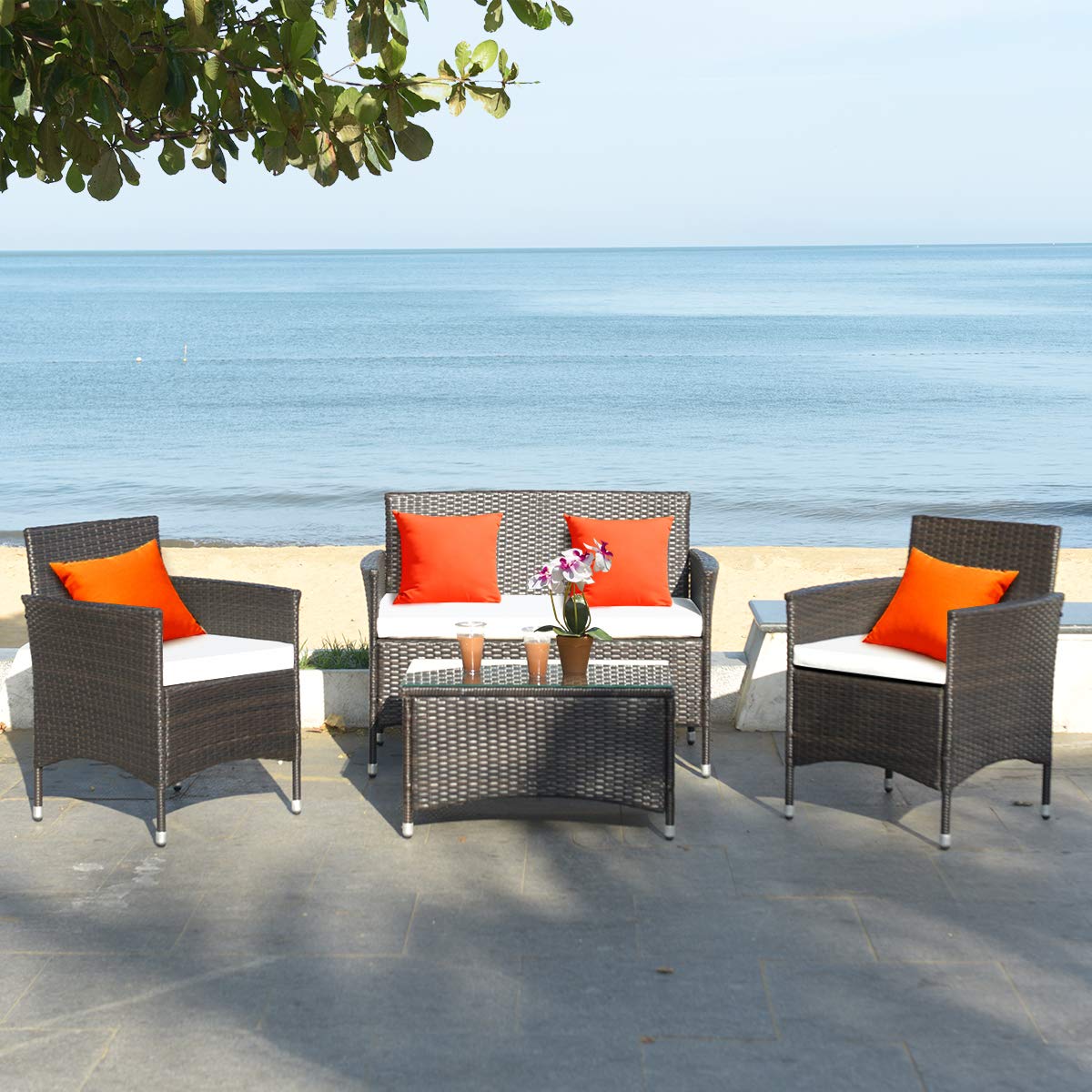 Tangkula 4-Piece Rattan Patio Furniture Set with Cushions - Outdoor Wicker Sofa & Tempered Glass Coffee Table Set for Garden, Balcony, Backyard - Indoor/Outdoor Use - Brown