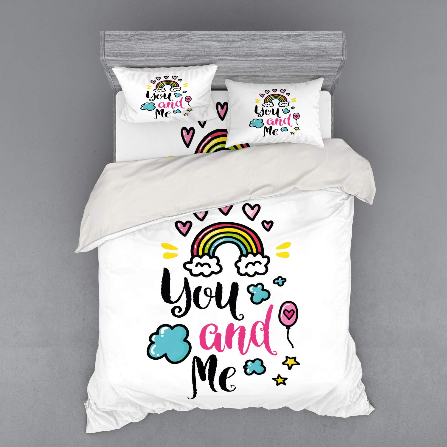 Ambesonne 4-Piece Queen Size Bedding Set - Romantic You and Me Words with Rainbow Clouds & Hearts Doodle Print Duvet Cover, Shams & Fitted Sheet - Perfect for Couples Bedroom Decor & Valentine's Gift