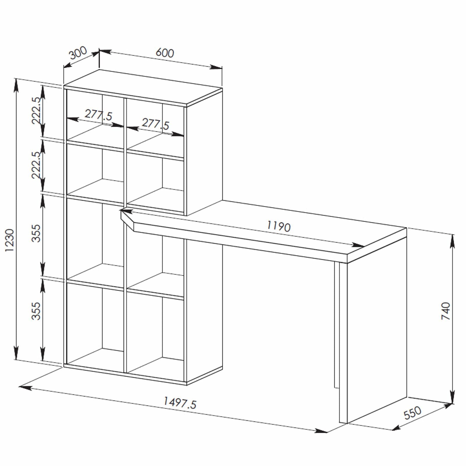 Pinto Office Desk with Built-in Bookcase - Black & Dark Oak Finish for Home Office & Study Room Organization