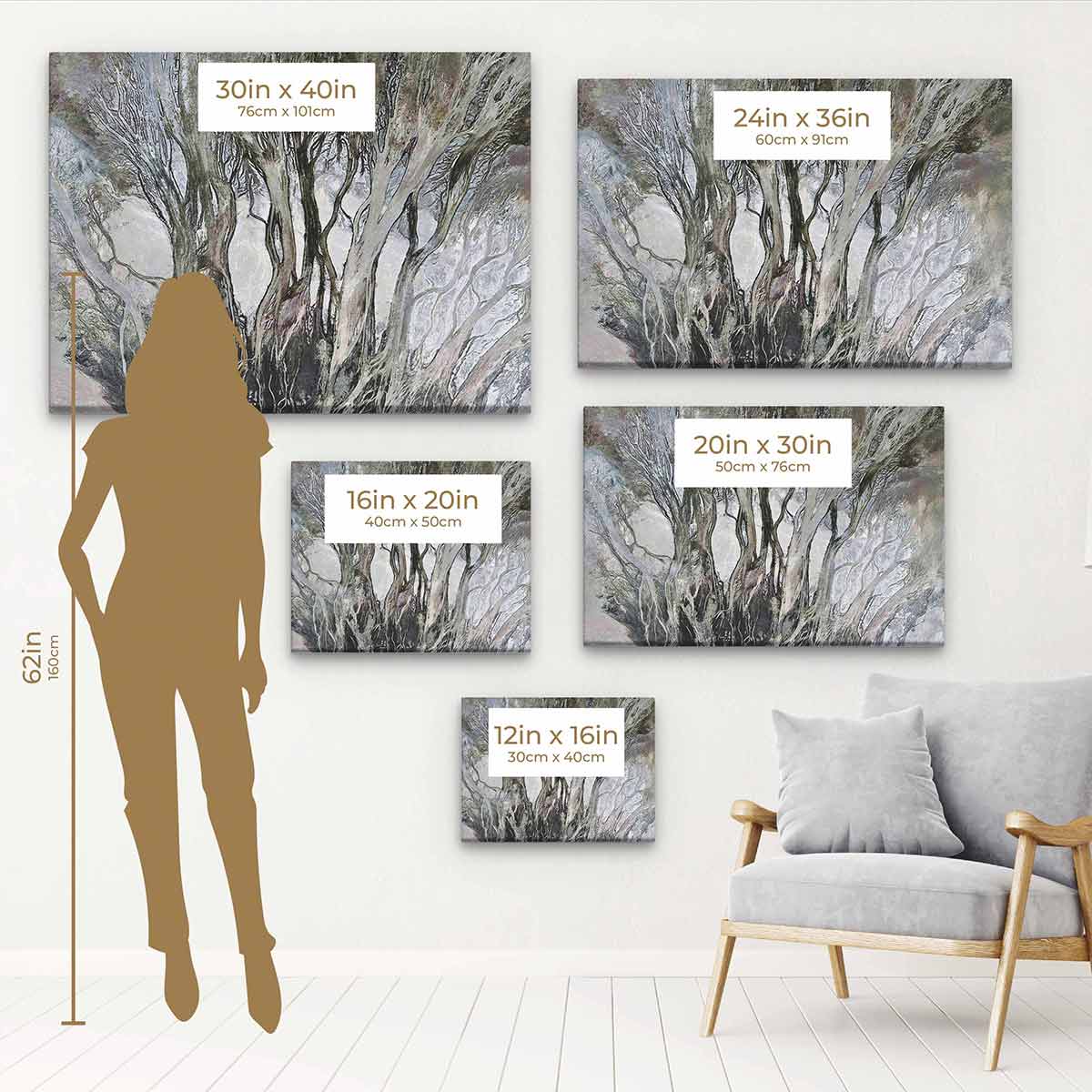 Grey Tree Wall Art Canvas Print - Modern Nature Decor for Living Room, Bedroom & Office | 7686