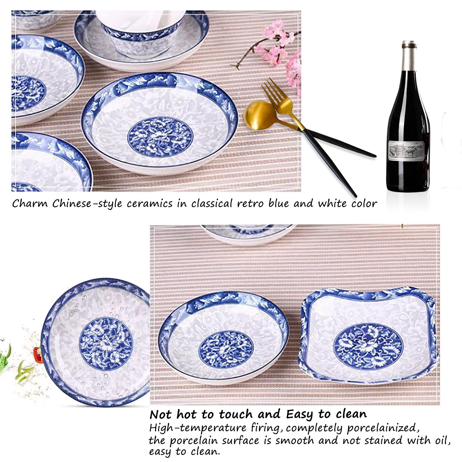 8-inch Porcelain Dinner Plates Set of 6 - Blue and White Ceramic Dishes for Dessert, Salad, Pasta, Bread, Appetizer & Snack | Elegant Round Dinnerware for Restaurants, Home Dining & Party Serving