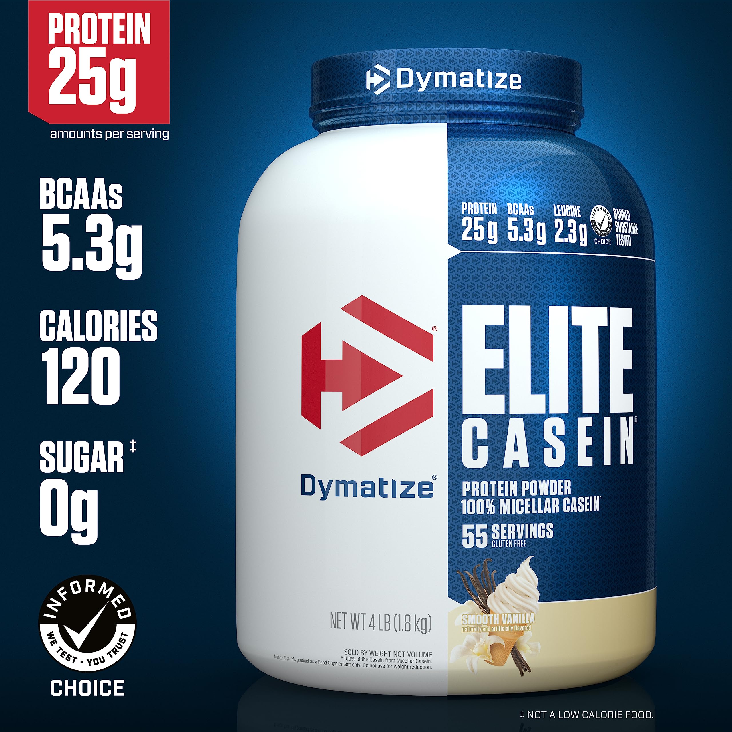 Dymatize Elite 100% Micellar Casein Protein Powder - Slow Digesting for Overnight Muscle Recovery, 25g Protein with 5.4g BCAAs & 2.3g Leucine, Smooth Vanilla Flavor, 4lb (1.81kg) - Perfect for Post-Workout & Bedtime Muscle Repair