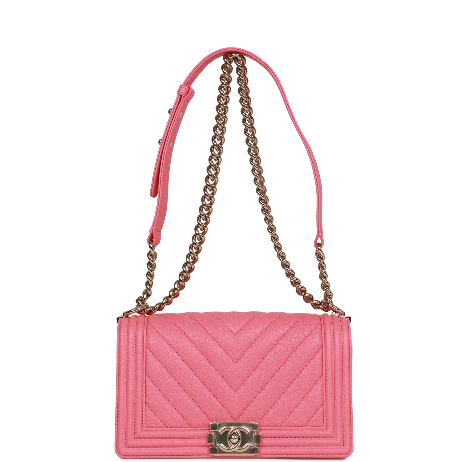 Chanel Medium Boy Bag Pink Chevron Caviar Leather with Light Gold Hardware - Luxury Crossbody Bag for Women, Perfect for Date Night & Special Occasions