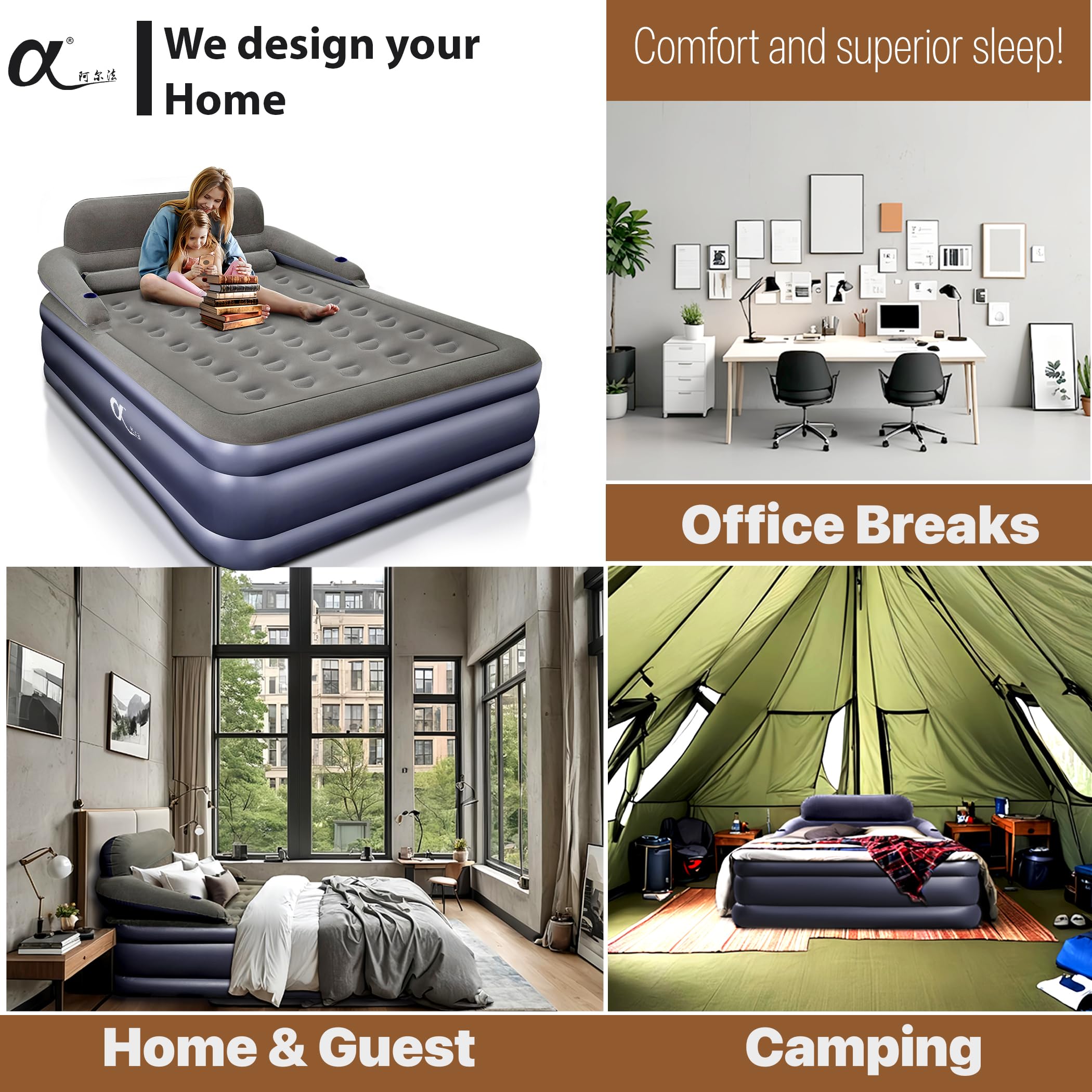 Queen Air Mattress with Headboard & Cup Holders - Comfortable Inflatable Blow Up Bed for Guests, Home & Travel - Portable Airbed for Camping, Sleepovers & Temporary Use