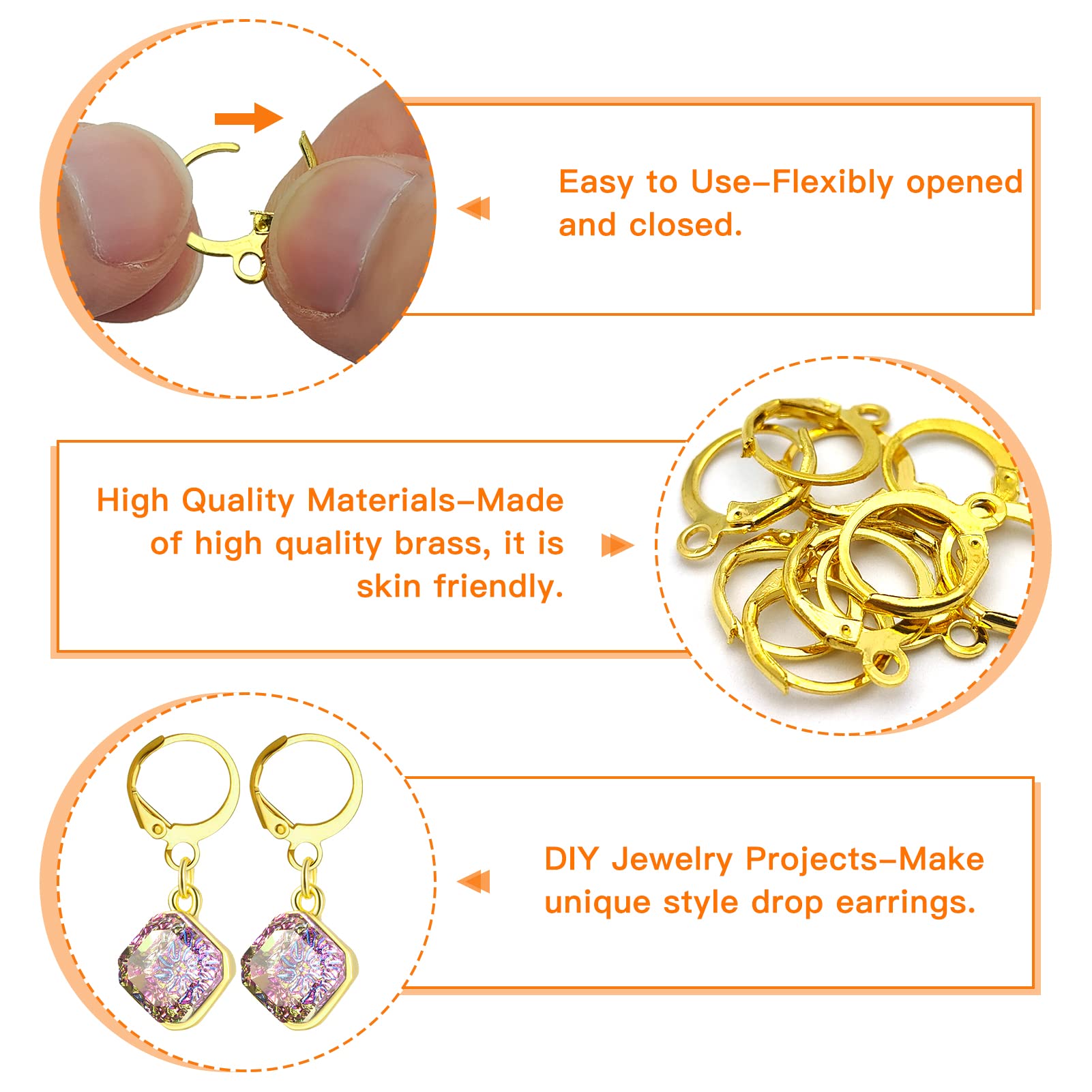 200pcs Gold Round Leverback Earring Hooks Set with 100pcs Open Jump Rings - Hypoallergenic DIY Jewelry Making Supplies for Earrings, Necklaces & Crafts | Perfect for Handmade Gifts, Fashion Accessories & Beading Projects