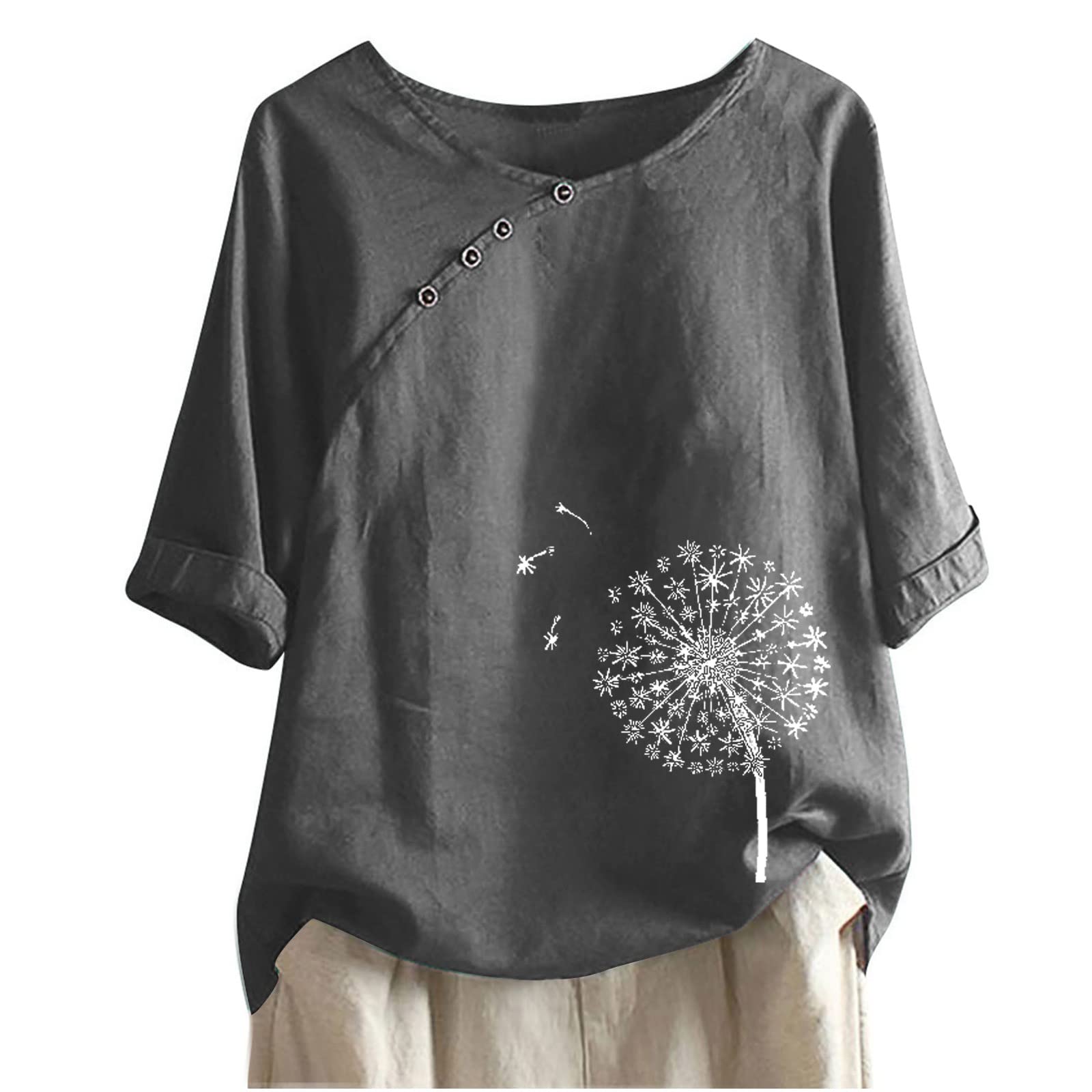 New Day Women's Black Floral Printed V-Neck Half Sleeve Linen Top with Side Buttons | Summer Casual T-Shirt | Perfect for Beach Outings, Weekend Brunch & Date Nights