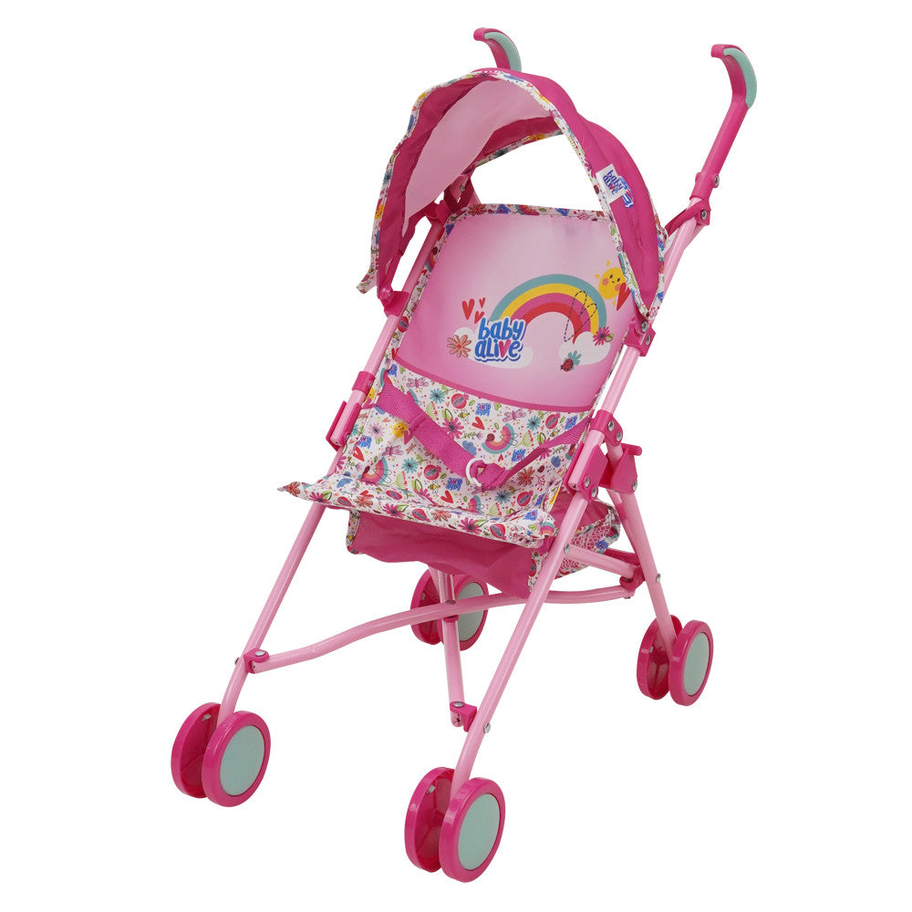 Baby Alive Doll Stroller with Retractable Canopy - Pink & Rainbow Stroller for Toddlers | Perfect for Pretend Play, Outdoor Walks & Role-Playing Games
