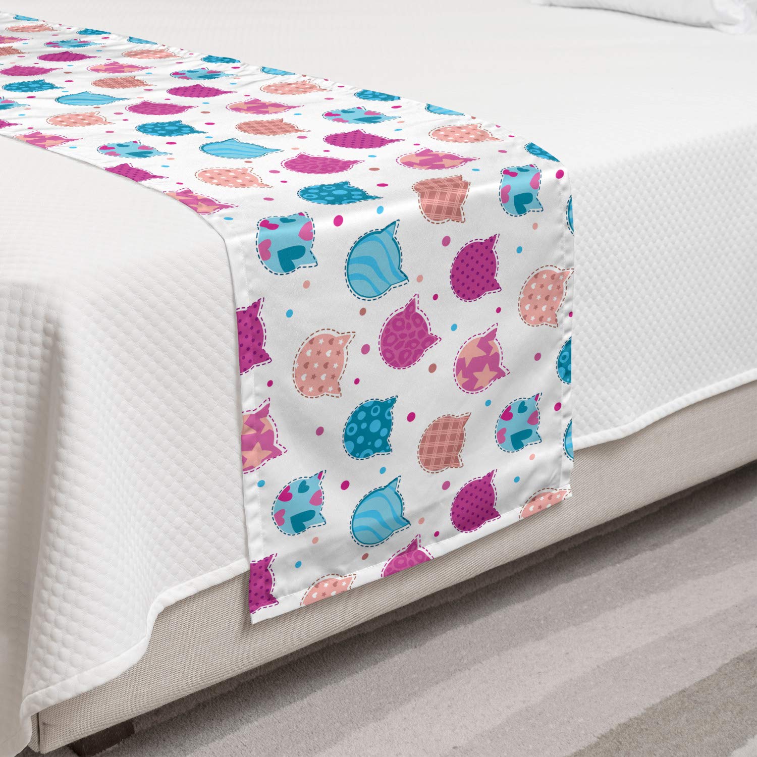 Ambesonne Feminine Bed Runner - Cat Silhouettes with Stars, Dots & Stripes Checked Patchwork Pattern | Decorative Bed Scarf for Home, Hotel & Guest Room Decor | Perfect for Boho, Vintage & Modern Bedrooms (Fuchsia & Blue)