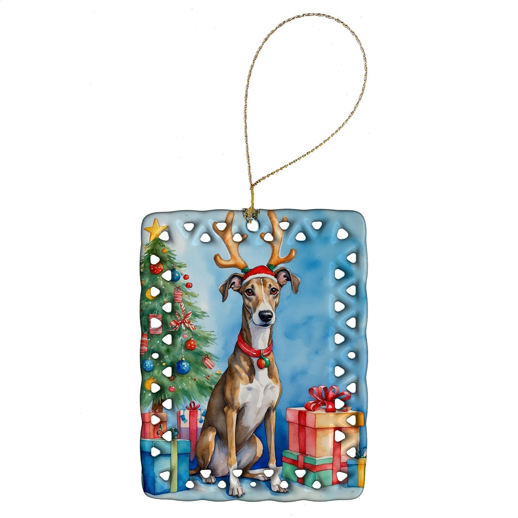 Brindle Greyhound Christmas Reindeer Porcelain Ornament - Handcrafted Rectangle Tree Hanging Decor for Holiday Home Decorating, Unique Gift Idea for Dog Lovers (Multicolor) | Perfect for Christmas Tree, Mantel Display & Festive Party Decorations