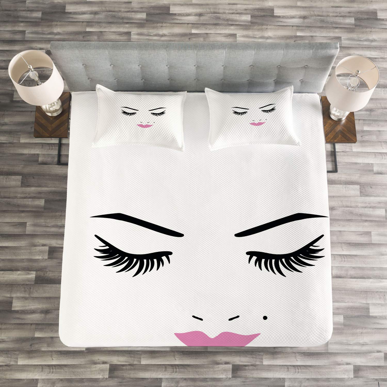 Ambesonne 3-Piece King Size Bedspread Set with 2 Pillow Shams - Pink Lipstick & Eyelash Glam Makeup Design in Fuchsia, Black & White | Feminine Beauty Bedding for Women's Bedroom Decor