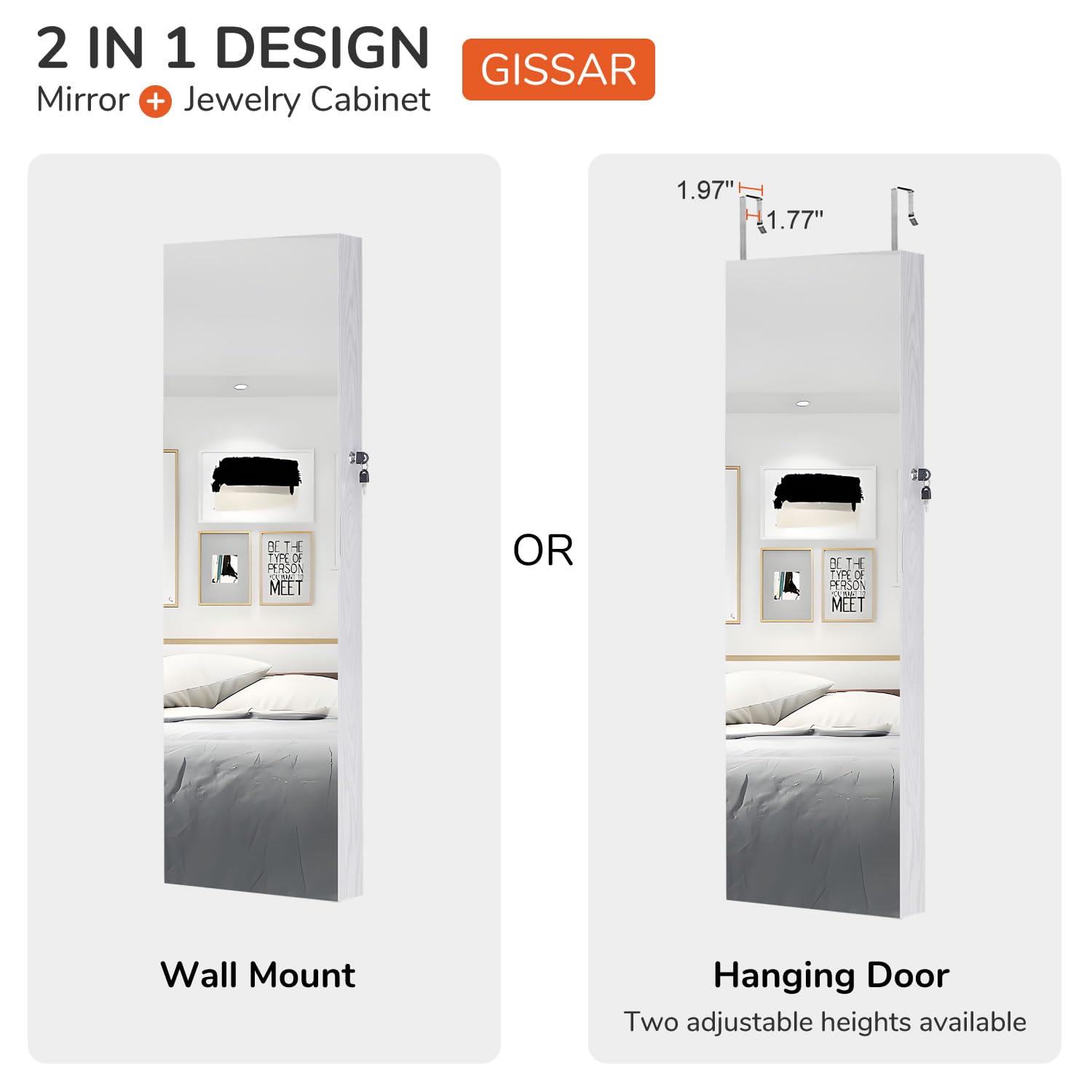 GISSAR Full Length Mirror Jewelry Cabinet with 6 LED Lights - Wall Mounted or Over The Door Hanging Jewelry Armoire - Lockable White Jewelry Organizer Storage for Bedroom, Closet & Dressing Room