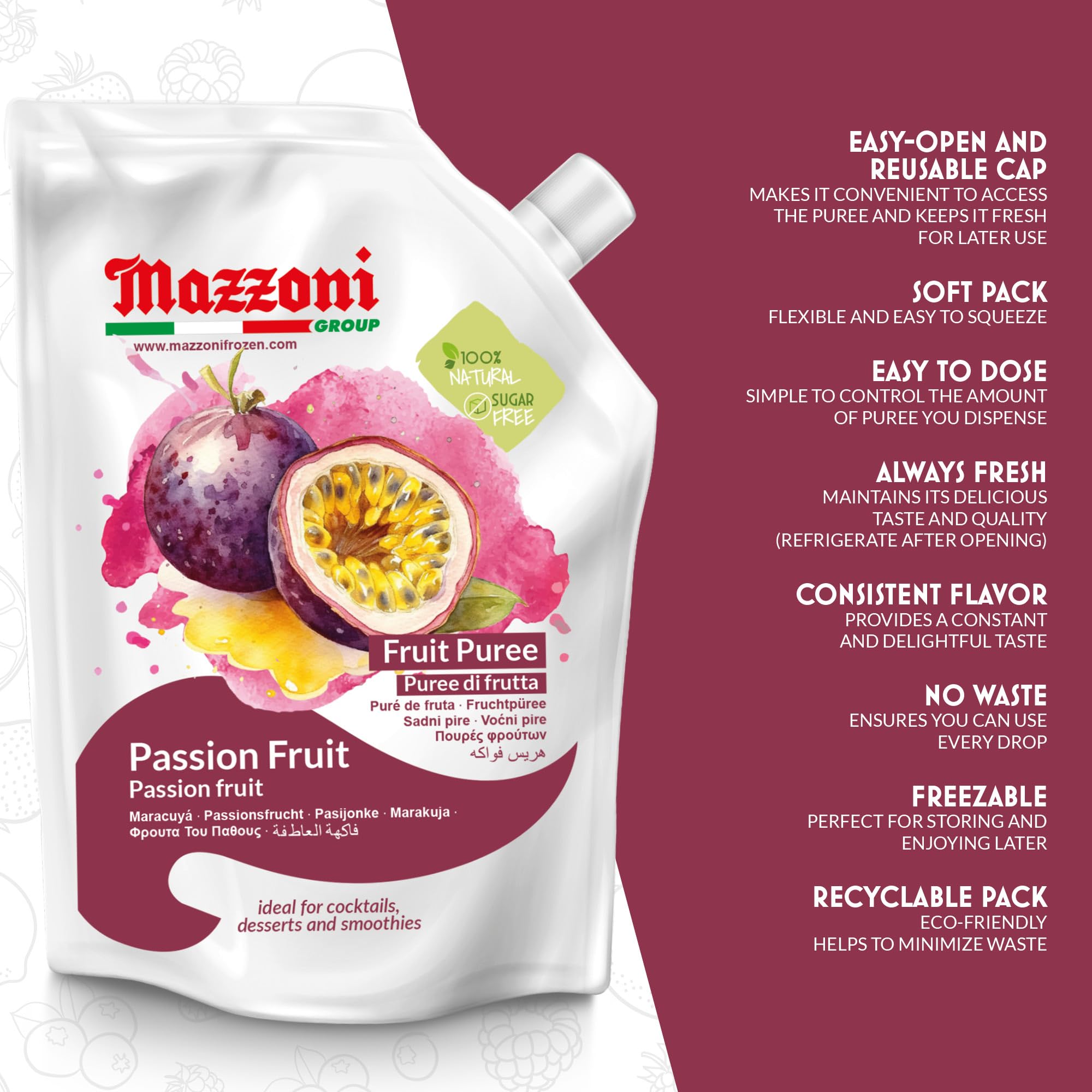Mazzoni 100% Pure Passion Fruit Puree (Maracuya) - No Sugar Added, 2.2 lbs (35.2 oz) - All Natural Fruit Puree for Smoothies, Cocktails, Juices & Baking - Italian Made Premium Fruit Puree for Healthy Drinks, Desserts & Mixology