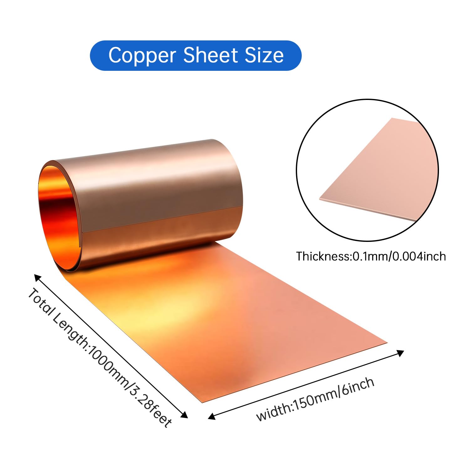 Premium Copper Sheet Roll 1000x150x0.1mm (LxWxT) - Heavy Duty Copper Flashing for Roofing, Gutters & DIY Projects - Ideal for Home Repair, Crafting & Metalworking