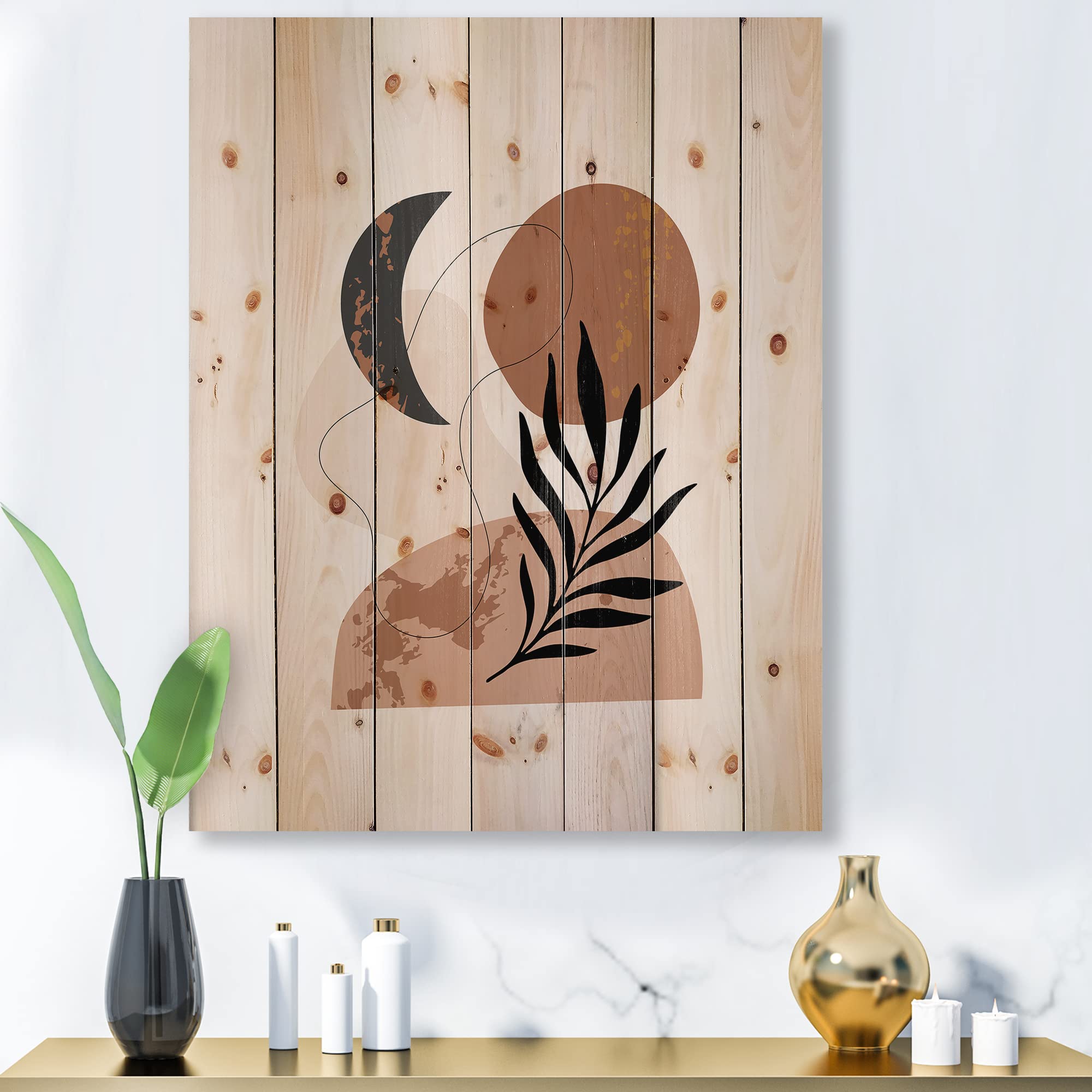 Retro Terracotta Moon & Sun Wood Wall Art - Modern Abstract Pine Wood Panels for Living Room, Bedroom & Office Decor | Large Contemporary Wooden Wall Hangings