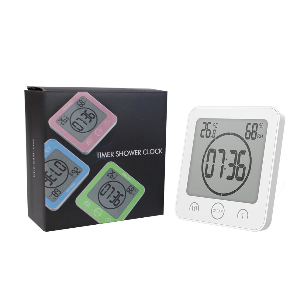 BALDR Digital Bathroom Clocks - 2 Pack Waterproof Shower Clock with Timer, Large LCD Display, Temperature & Humidity Sensor - White Wall Clock for Bathroom, Kitchen, Gym & Spa Use