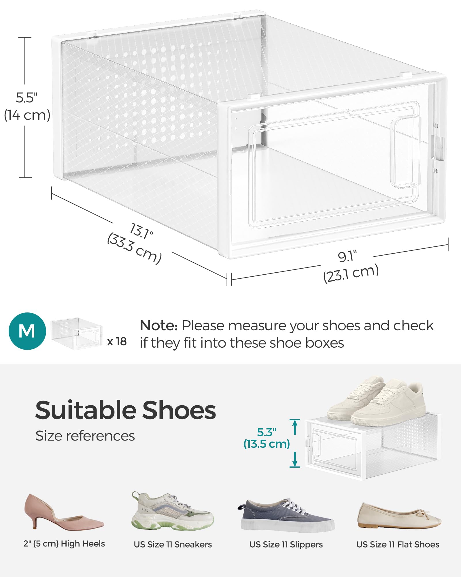 SONGMICS 18-Pack Clear Plastic Shoe Storage Boxes, Stackable Shoe Organizers for Closet - 9.1 x 13.1 x 5.6 Inches, Fits up to US Men's Size 11 (Transparent & White) | Perfect for Sneaker Collection, Closet Organization & Small Space Storage