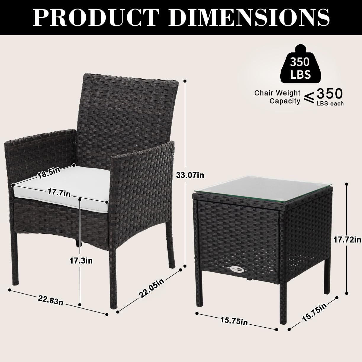 DIMAR GARDEN 3-Piece Outdoor Patio Furniture Set - Black Rattan Wicker Chairs with Coffee Table for Porch, Garden, Backyard & Poolside Relaxation