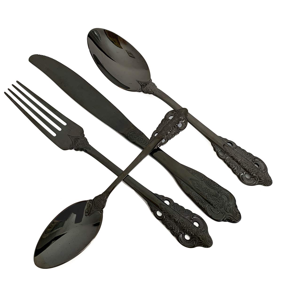 24-Piece Pure Black Kitchen Silverware Set - 304 Stainless Steel Flatware Service for 6, Elegant Dinnerware Cutlery Set with Forks, Spoons & Knives - Round Edge & Mirror Polish - Perfect for Home, Restaurant & Party Dining