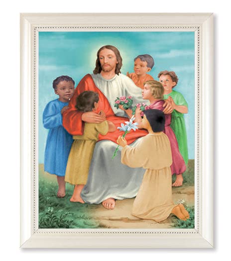 Christ with Children Framed Wall Art - Large Religious Home Decor with Pearlized Fluted White Frame & Beaded Lip | Perfect for Church, Sunday School & Christian Family Gifts