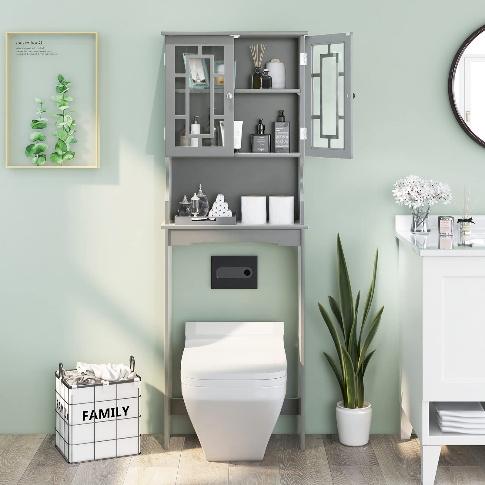 Over The Toilet Storage Cabinet - Wooden Bathroom Organizer with Adjustable Shelves, Double Doors & Open Storage - Space Saving Freestanding Toilet Rack Unit (Gray) - Perfect for Small Bathrooms, Apartments & Dorm Rooms