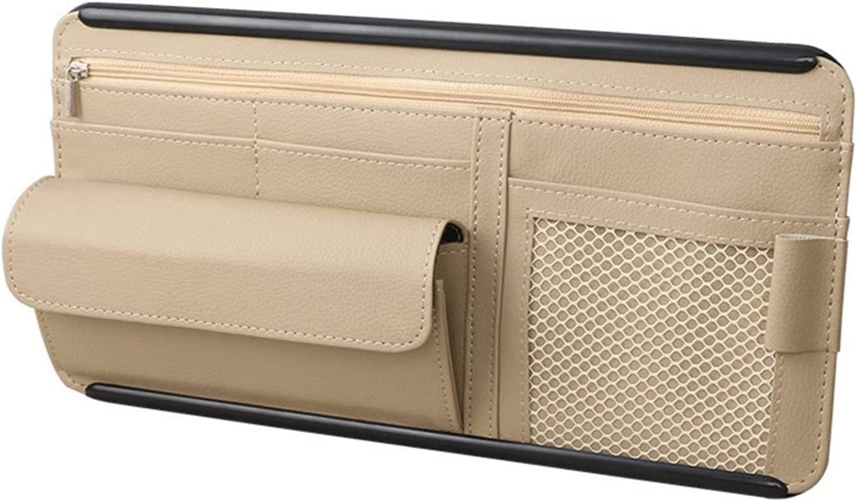 ALINSAM Car Sun Visor Organizer - Multi-Pocket Sunglasses Storage Bag with Zipper for Glasses, Cards & Small Accessories | Universal Fit for Cars & Trucks | Keep Your Vehicle Interior Neat & Organized (Beige)