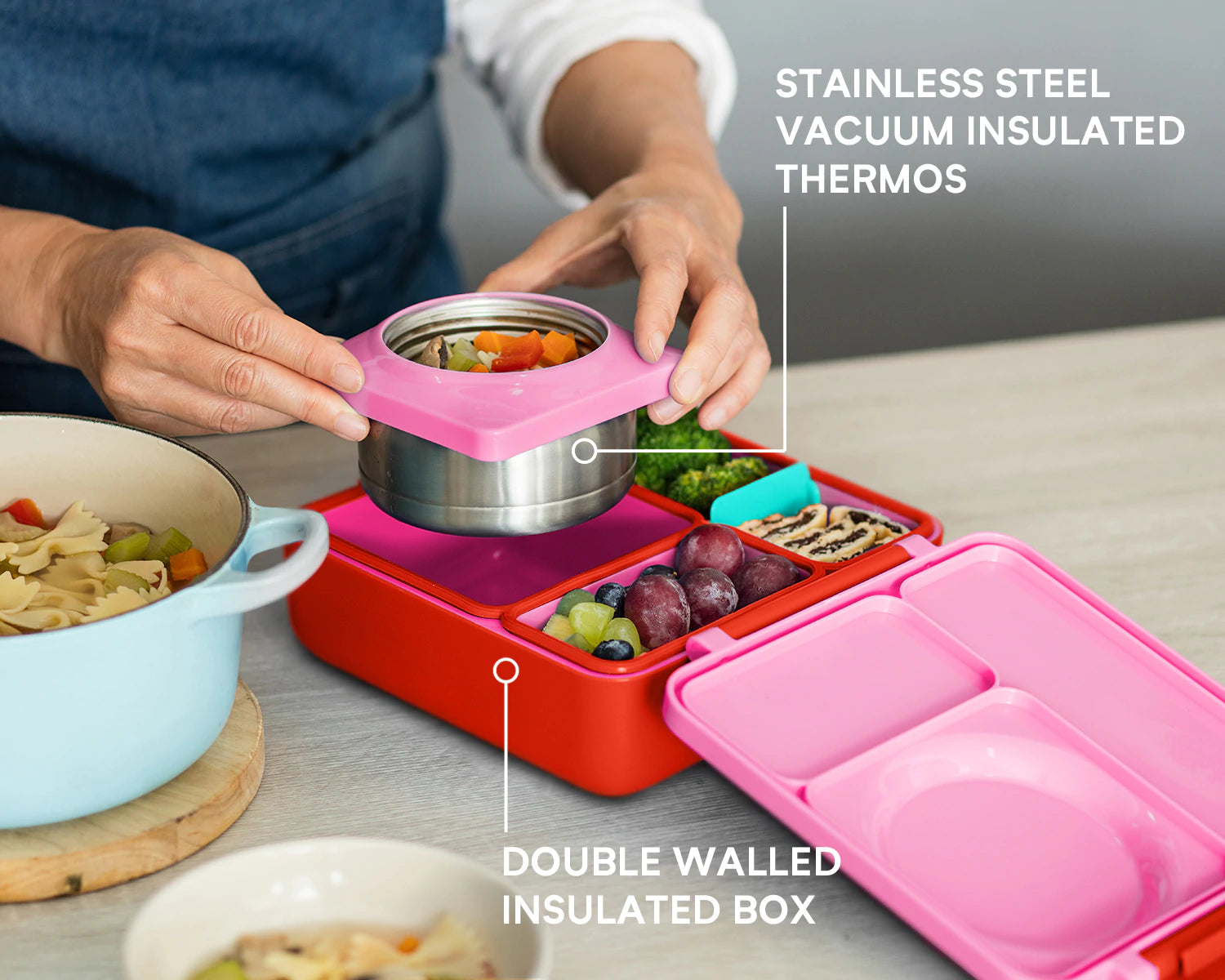 OmieBox V2 Insulated Kids Lunch Box - Leak Proof Bento Container with Thermos, Microwave Safe (Pink Berry) - Perfect for School, Picnics & Travel