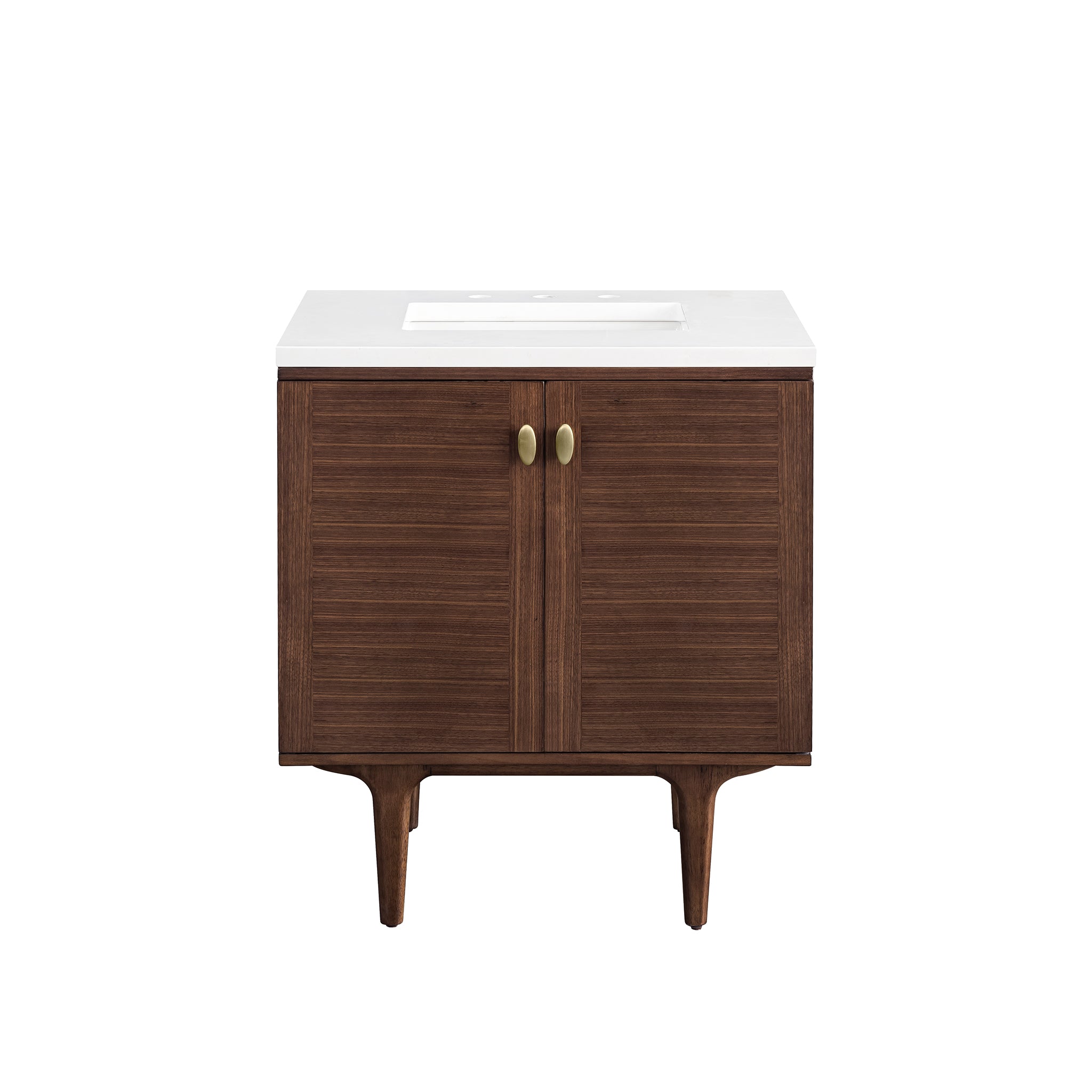 Amberly 30 Inch Single Bathroom Vanity - Mid Century Modern Walnut Finish with 3CM White Zeus Quartz Top - Perfect for Small Bathrooms & Powder Rooms