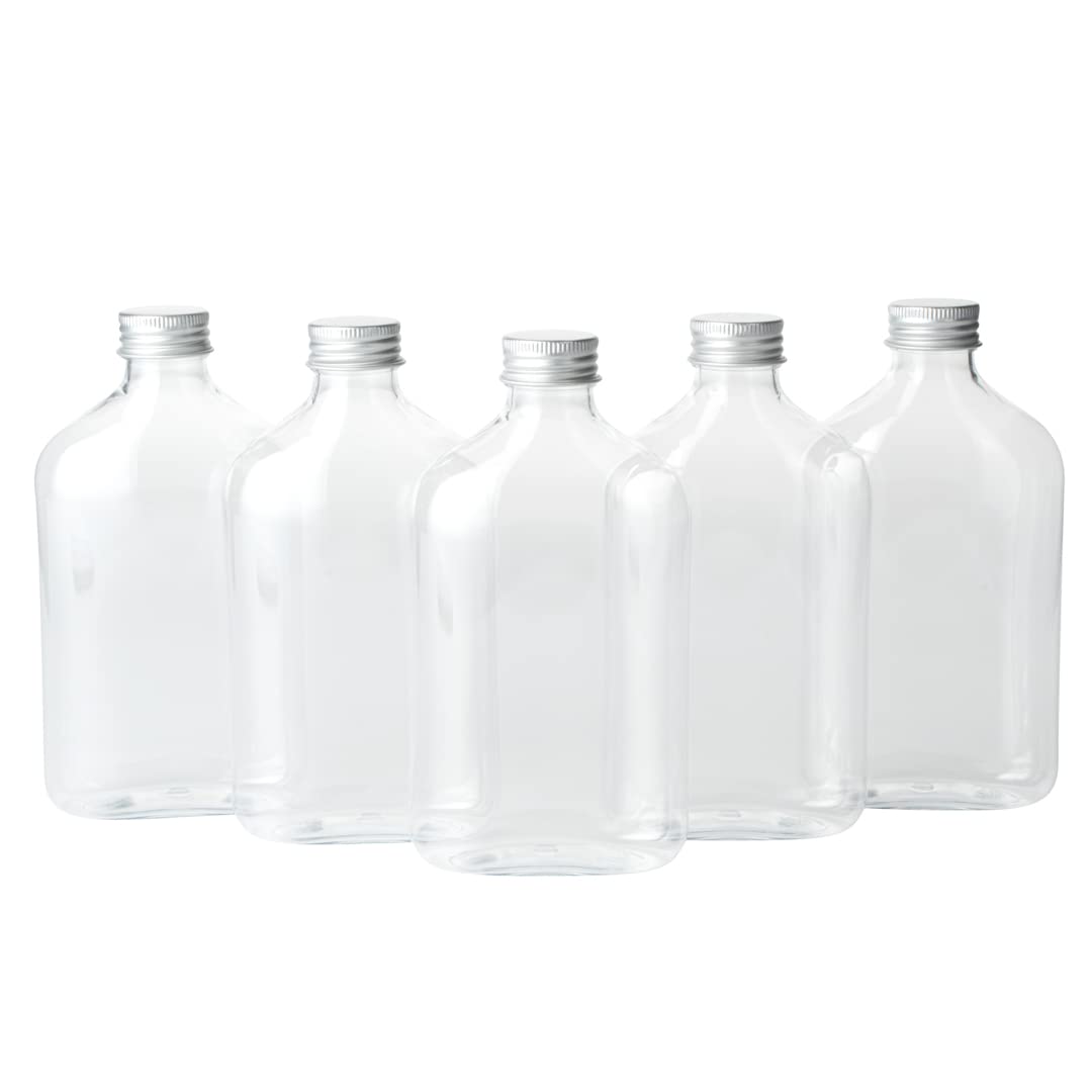 Restaurantware Bottle Tek 10oz Empty Plastic Liquor Bottles (100-Pack) with Aluminum Lids - Clear Disposable Flasks for Juice, Ginger, Sauces & Party Favors | Perfect for Bars, Catering & DIY Cocktail Kits
