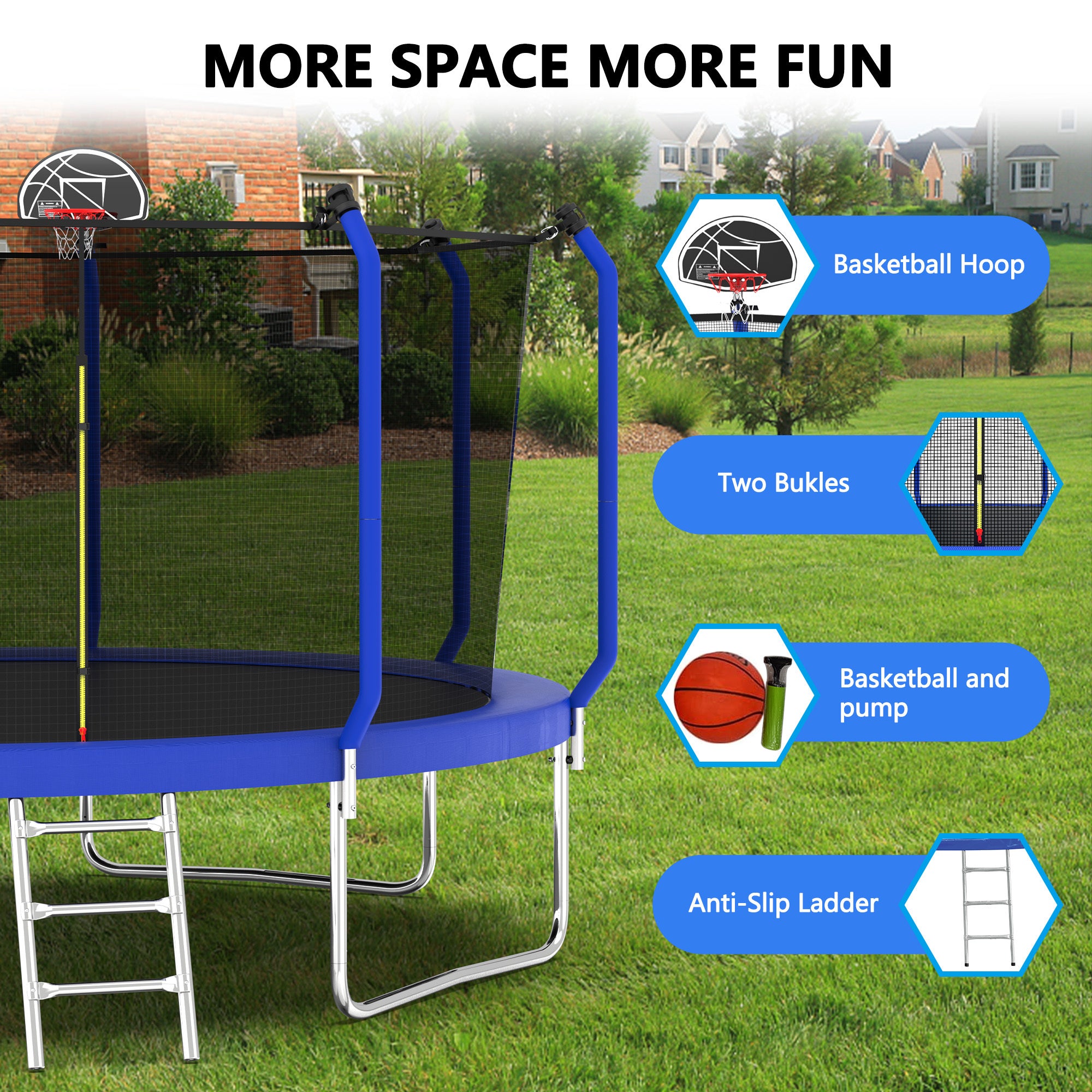 14FT Trampoline with Basketball Hoop - ASTM Approved Heavy Duty Outdoor Trampoline with Safety Enclosure Net - Perfect for Backyard Fun, Kids Play & Family Fitness Activities