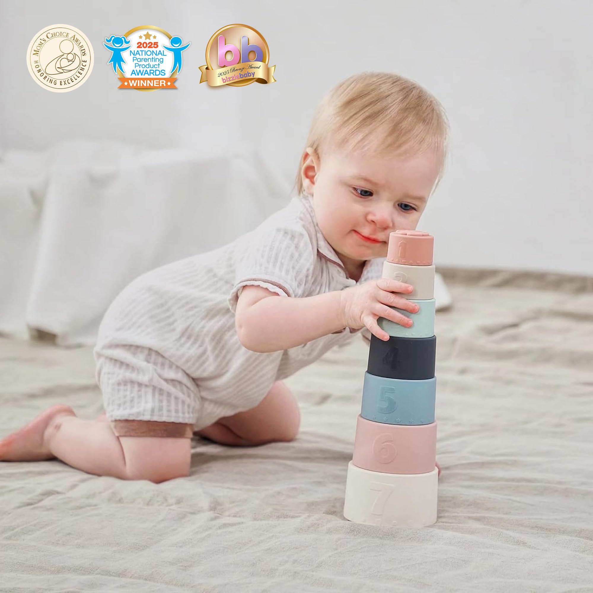 Moonkie Stacking Cups Toy - 7 Piece Set, Soft Silicone Teething & Educational Baby Toys for Ages 6+ Months | Perfect for Early Learning, Sensory Play & Toddler Development