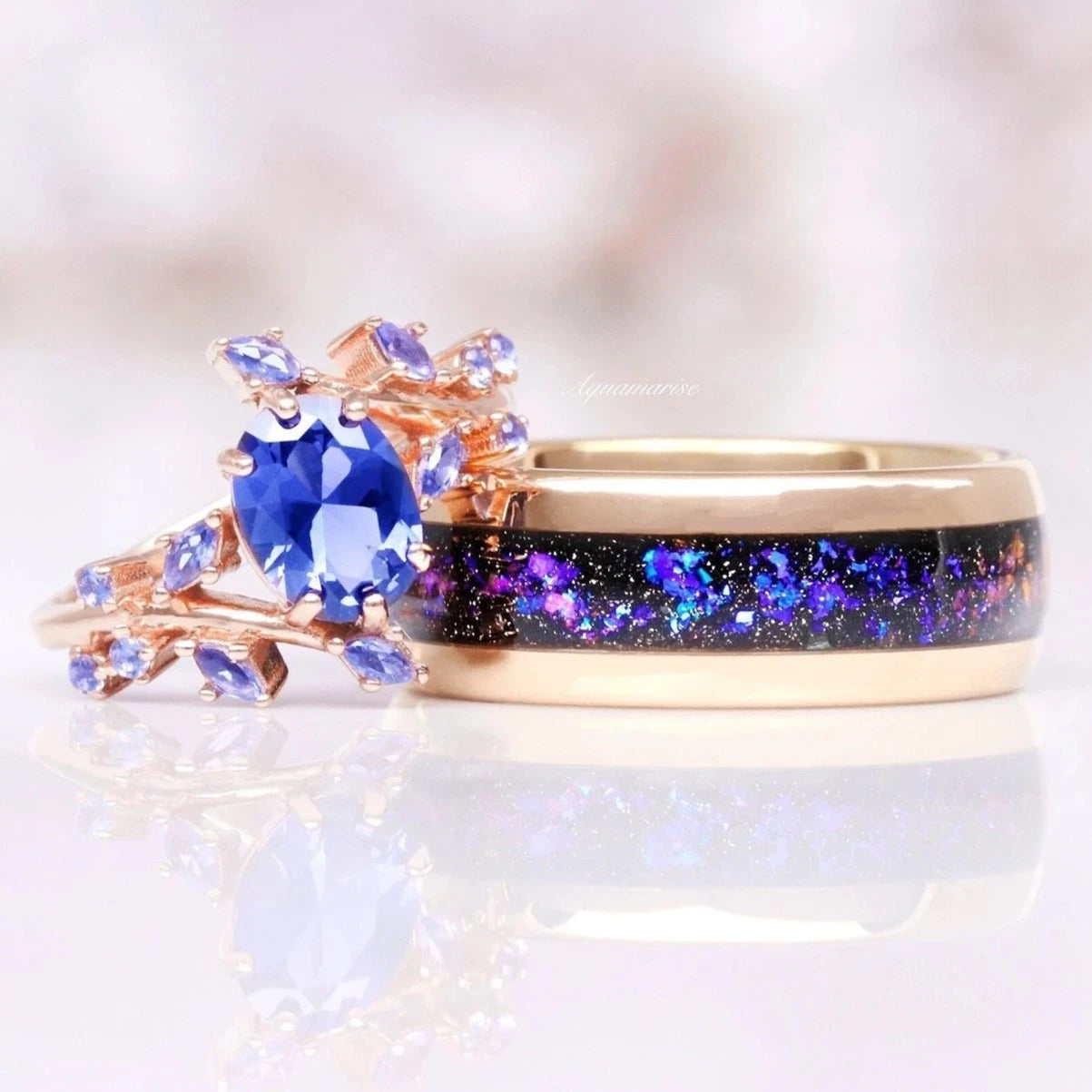 Orion Nebula & Cornflower Sapphire Leaf Couples Ring - Matching Wedding Bands, Celestial Inspired Jewelry for Anniversaries & Romantic Gifts
