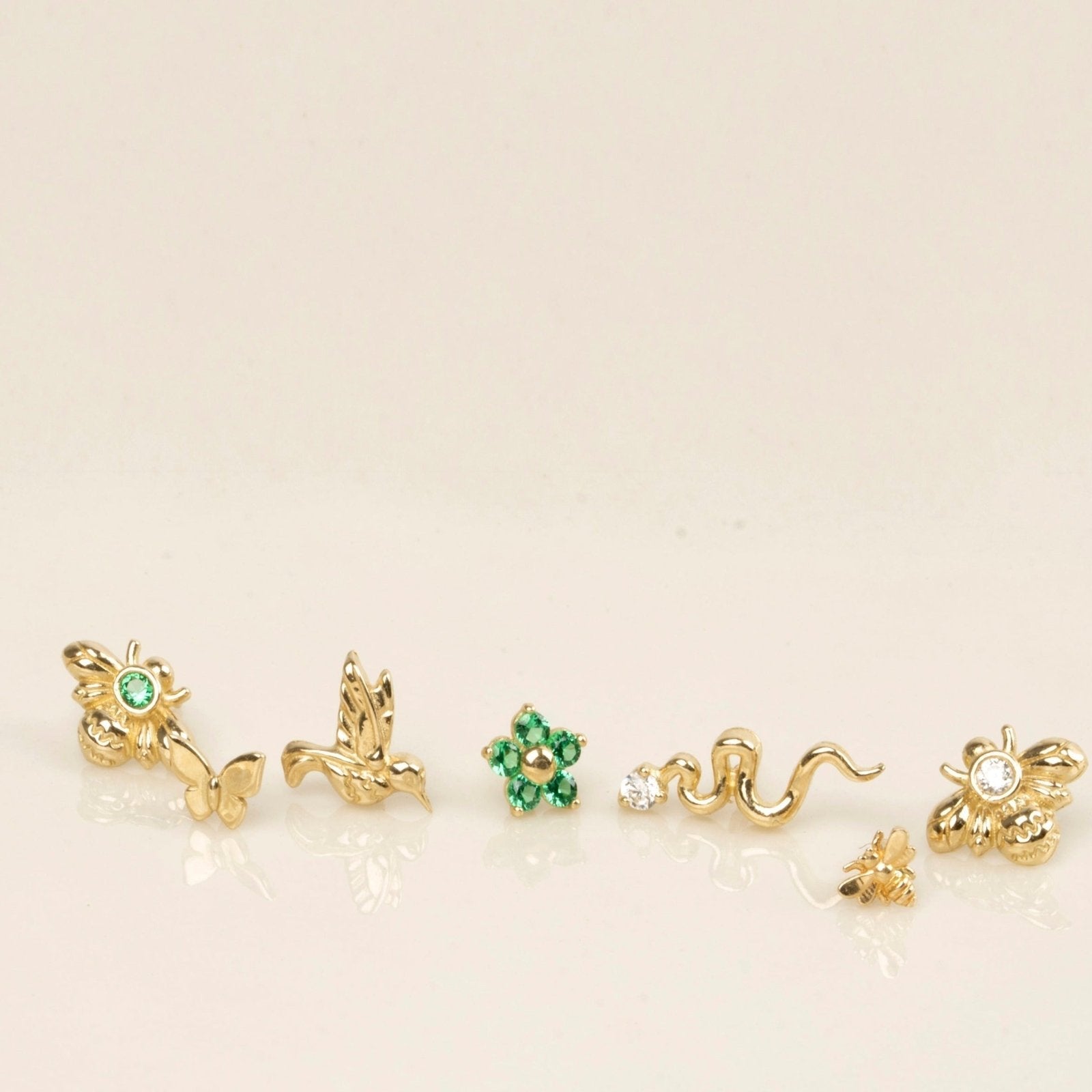 14K Yellow Gold Emerald Bee Stud Earrings - Dainty Flat Back Earrings for Women - Perfect for Everyday Wear, Gifts & Special Occasions