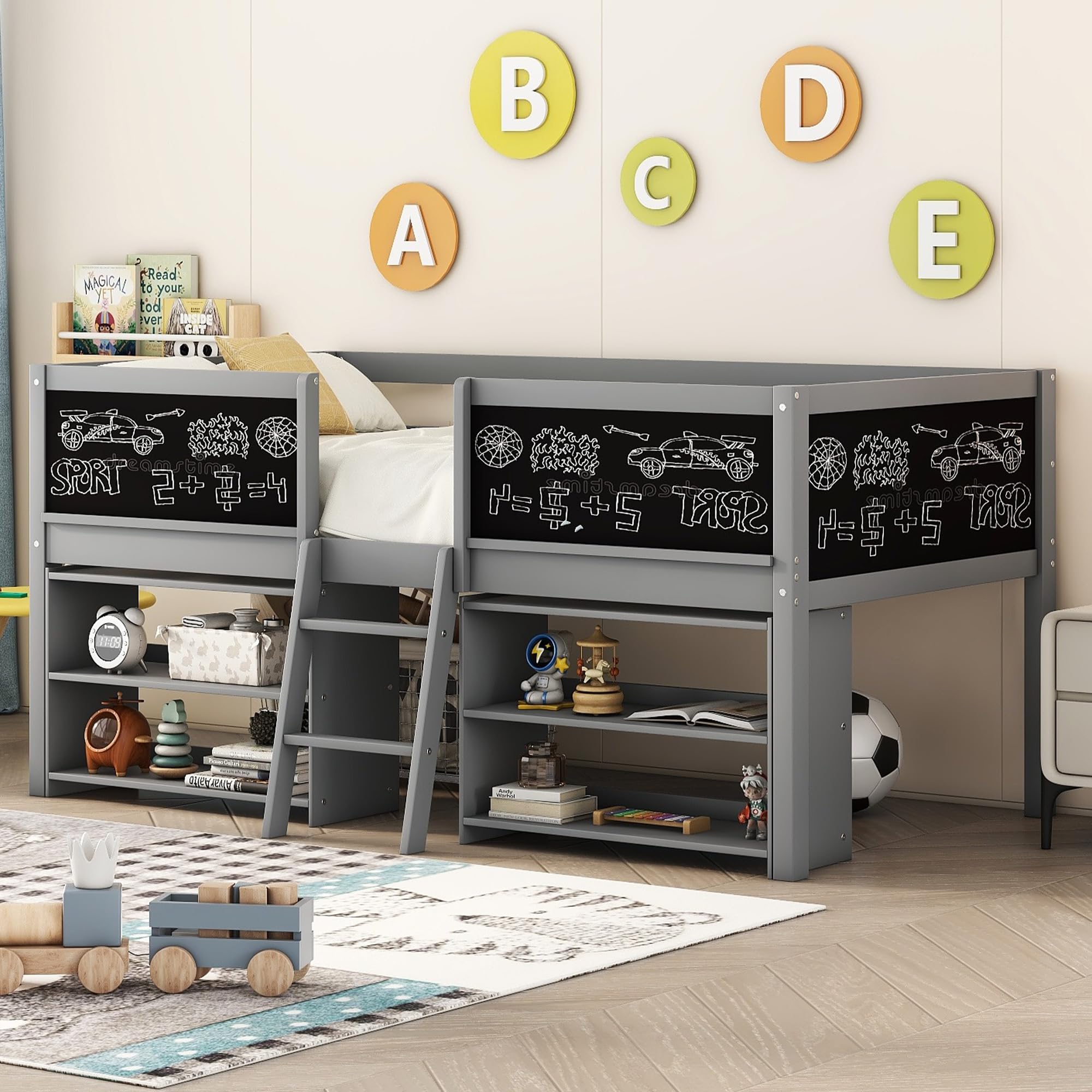 Twin Size Low Loft Bed with Movable Shelves & Guardrail - Solid Wood Kids Loft Bed Frame with Chalkboard & Storage - Space-Saving Bed for Small Rooms - Perfect for Boys & Girls Bedroom (Gray)