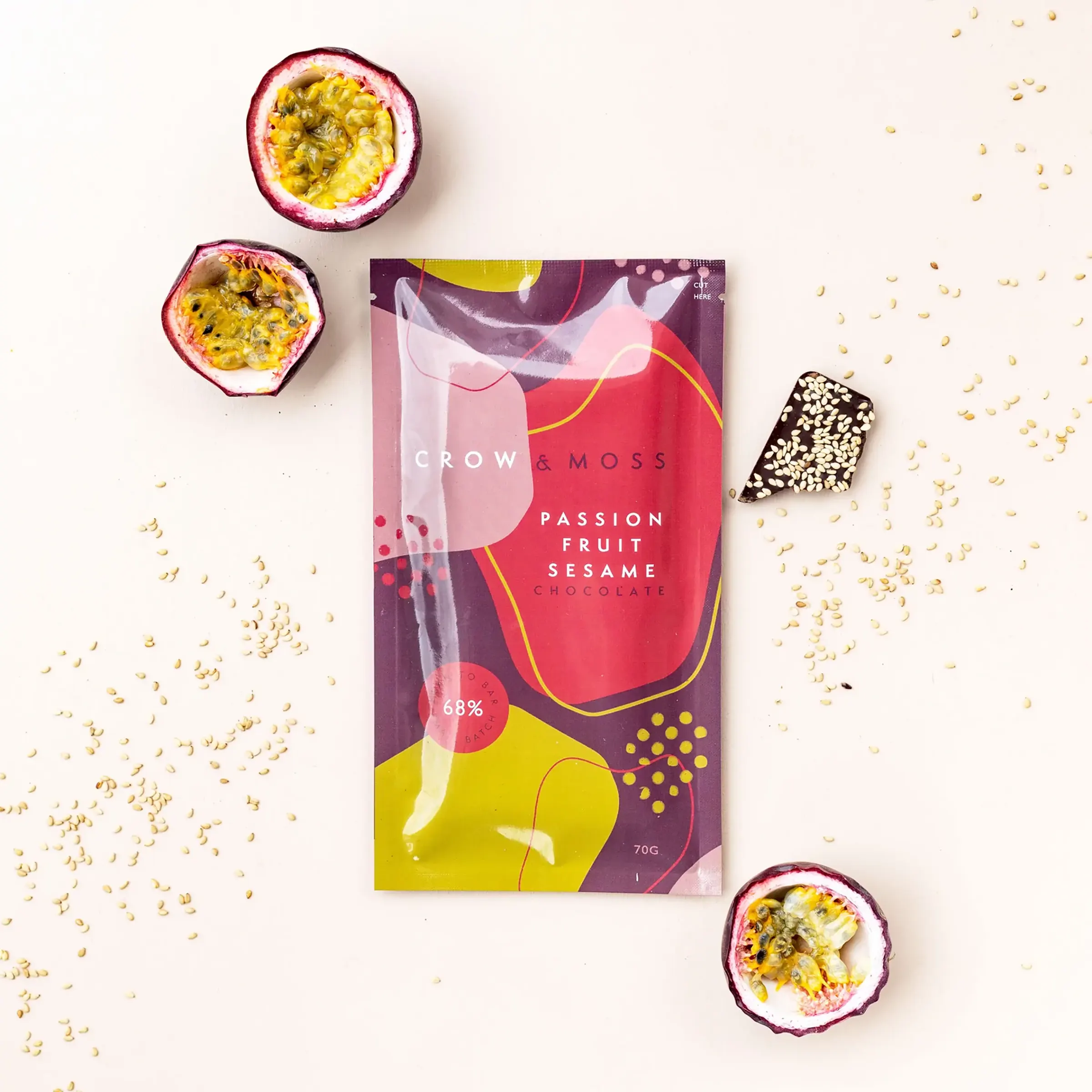 Premium Crow & Moss Dark Passion Fruit Sesame Chocolate Bar 68% Cocoa - Gourmet Dessert for Valentine's Day & Romantic Gifts