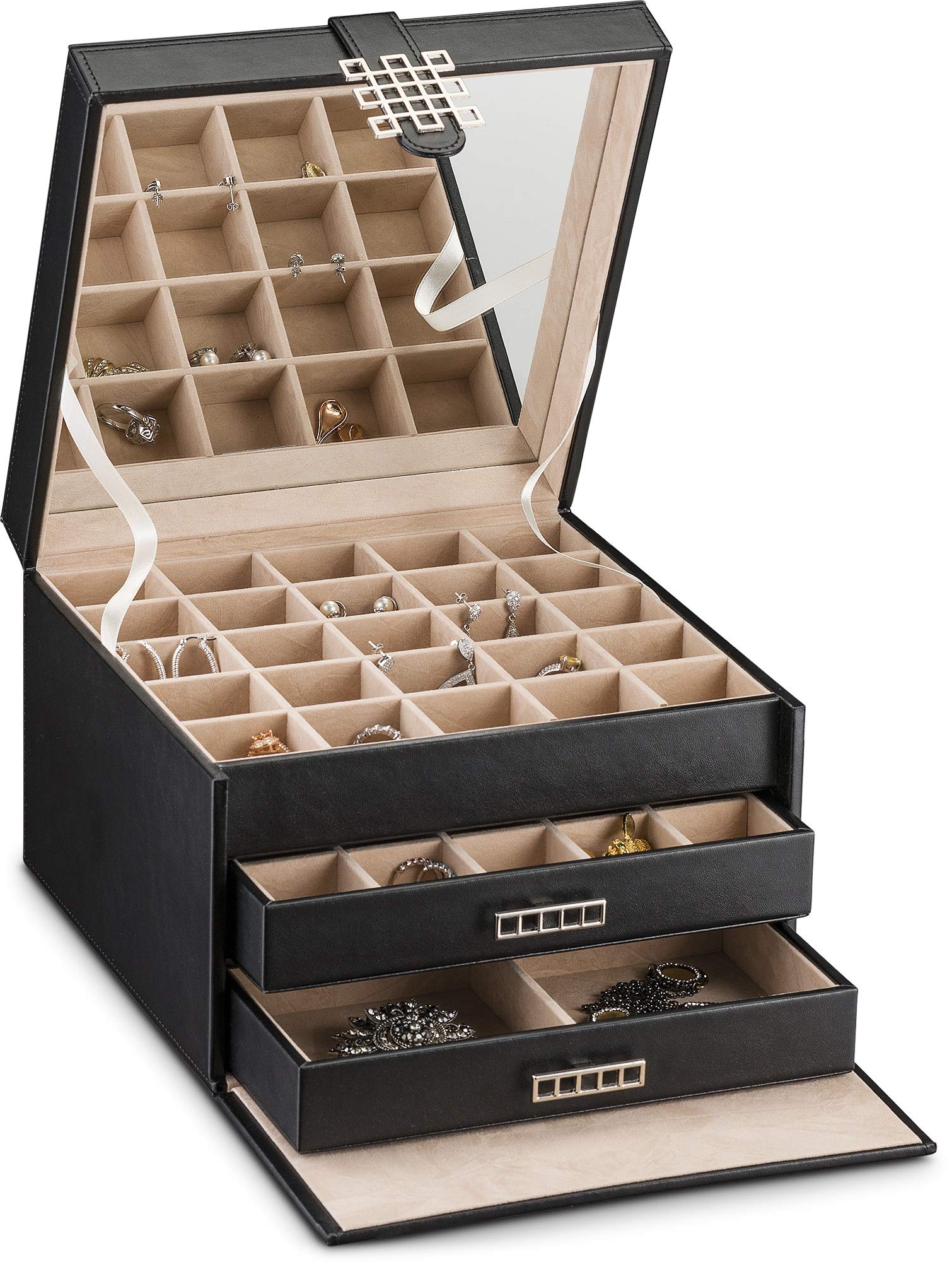 Elegant PU Leather Jewelry Organizer Box with 50 Small & 4 Large Slots - 3-Tray Earring, Ring & Chain Storage with Mirror & Drawer - Perfect for Travel, Home Vanity & Gift Giving - Black