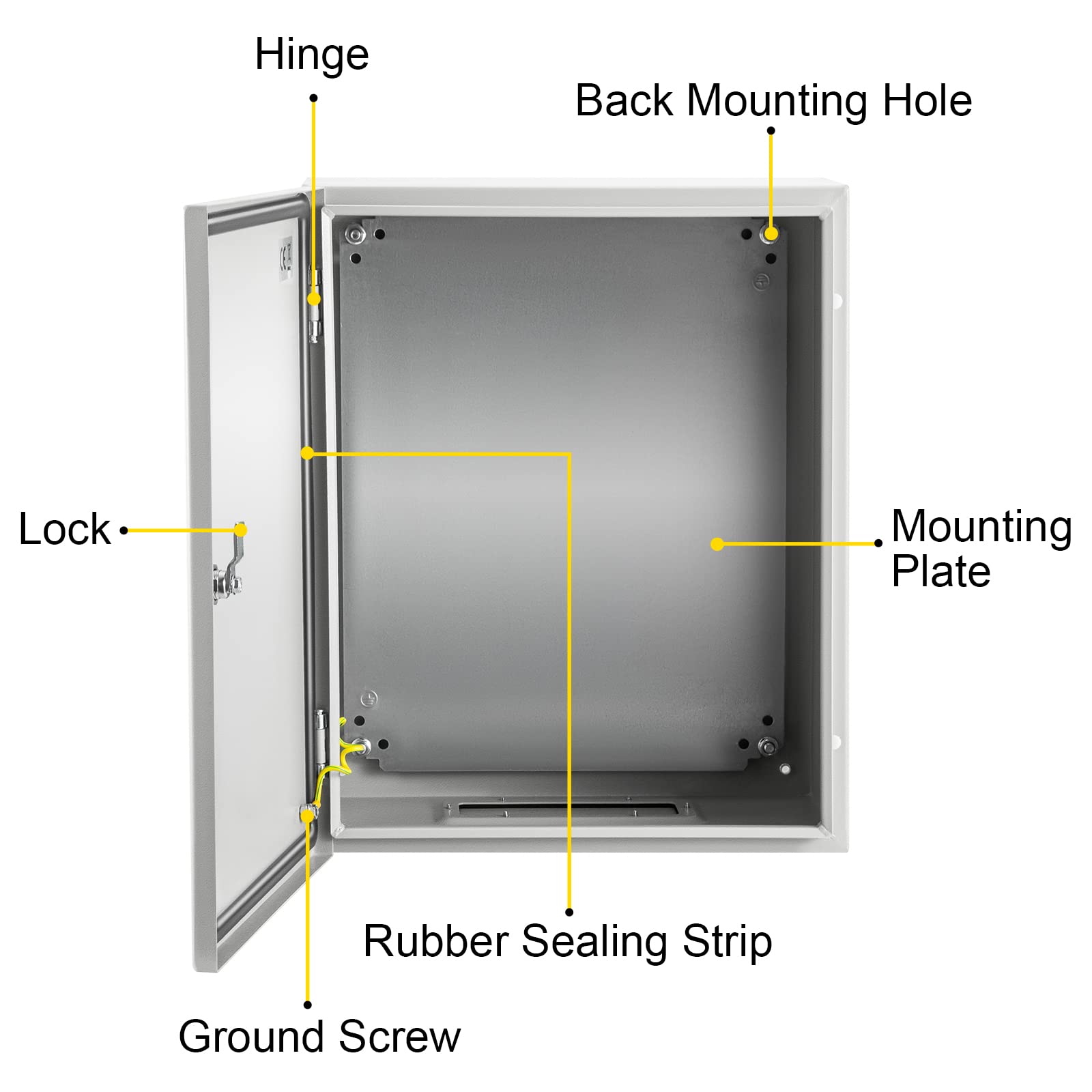 VEVOR 20'' x 16'' x 10'' Carbon Steel Electrical Enclosure Box - IP65 Weatherproof Metal Junction Box with Hinged Lid & Mounting Plate - Wall-Mounted for Outdoor/Indoor Electronic Equipment Protection (Garage, Workshop, Industrial Use)