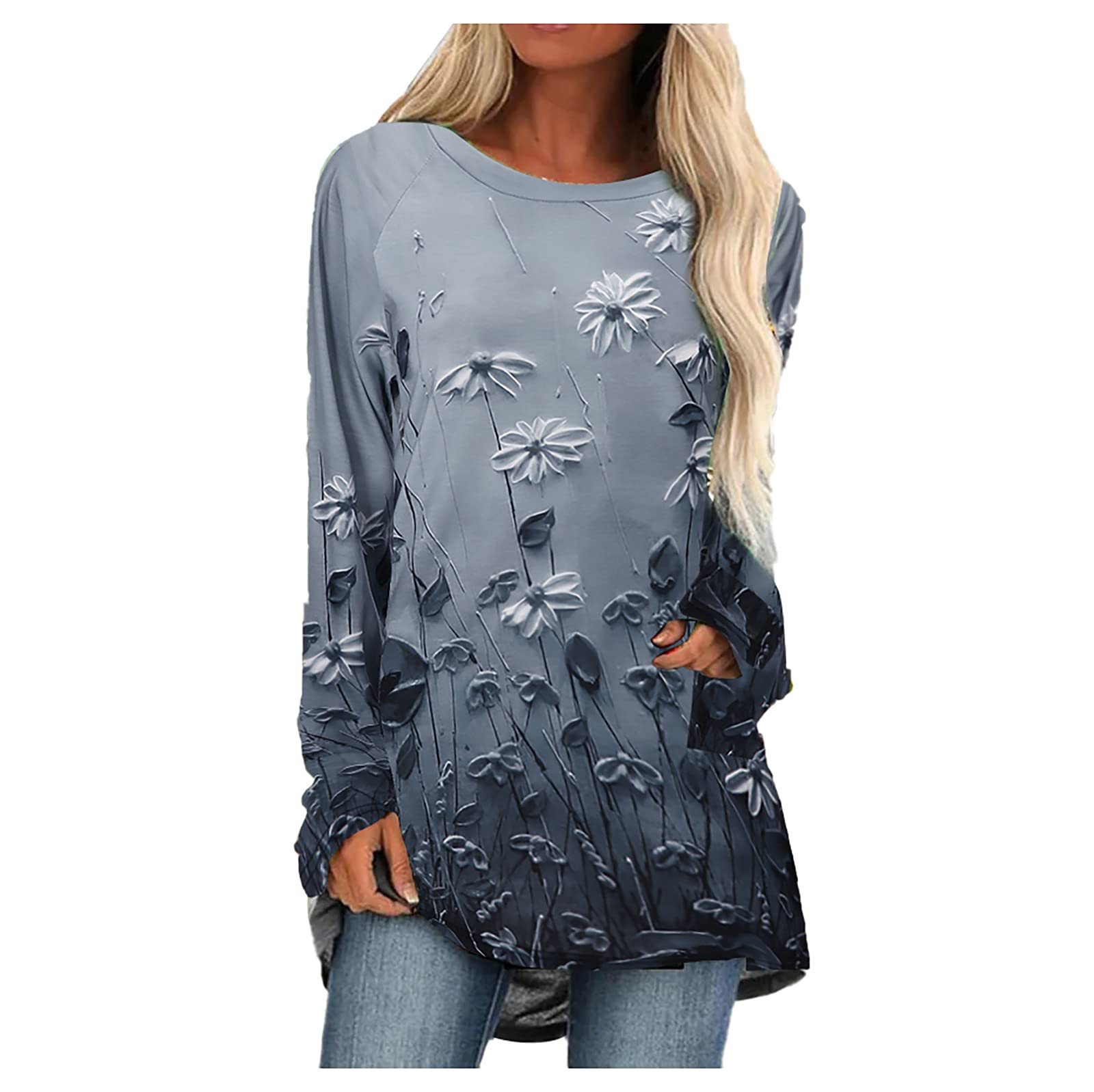 Women's Floral Print Long Sleeve Round Neck Pullover Top - Casual Loose Fit Tee Shirt for Everyday Wear | Perfect for Work, Dating & Weekend Outfits