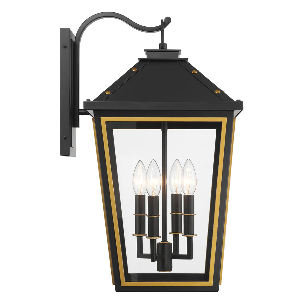 Hawkins 4-Light Outdoor Wall Sconce - 12x22.5 Inch Matte Black Stainless Steel with Textured Gold Finish & Glass Shade - 120V E12 Candelabra Base LED Bulb Compatible - Perfect for Patio, Garden, Porch, Exterior Walls & Entryway Lighting