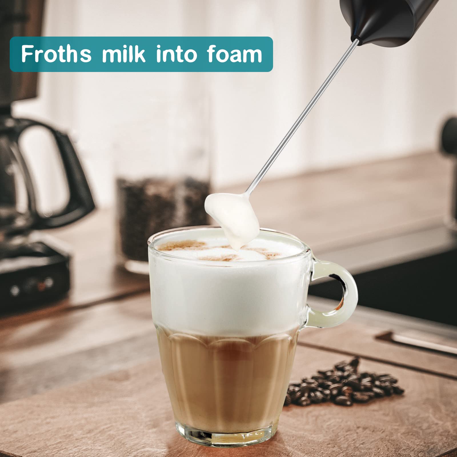Electric Milk Frother Handheld - Battery Operated Mini Whisk for Coffee, Latte, Cappuccino, Hot Chocolate | Foam Maker & Drink Mixer | Perfect for Home, Office & Travel (Black)