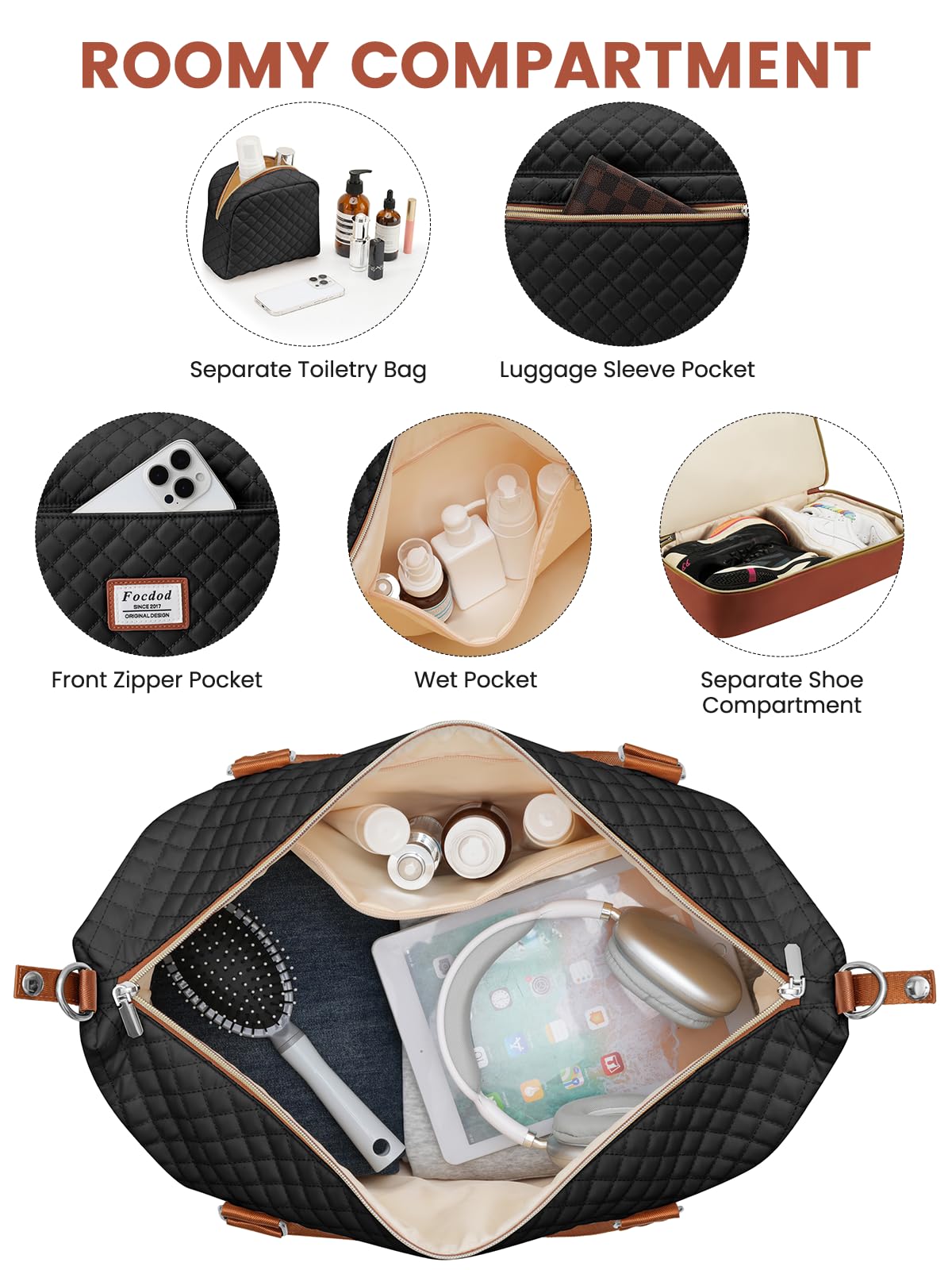 Women's Travel Weekender Duffle Bag with Shoe Compartment & Wet Pocket - Large Carry-On Overnight Bag with Toiletry Organizer - Perfect for Weekend Getaways, Hospital Visits, and Labor Delivery (Black/Brown)